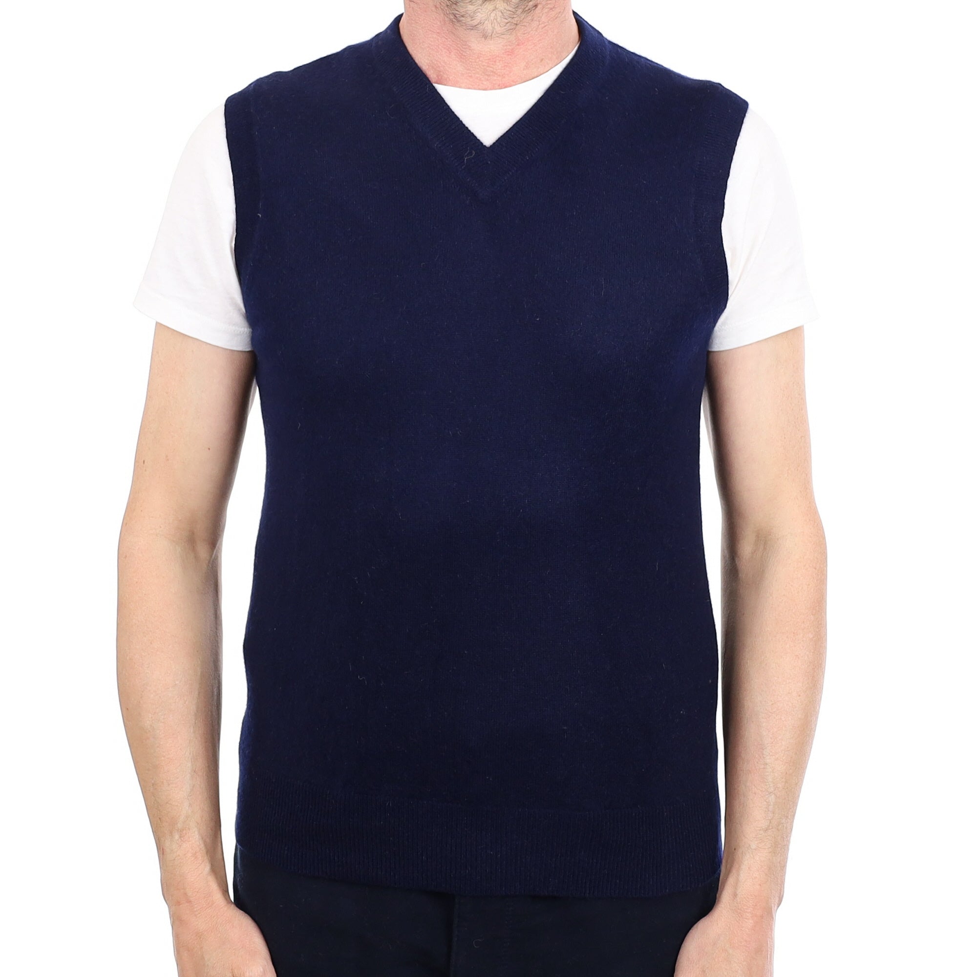 Men's Navy Blue Cashmere V Neck Tank Top Small