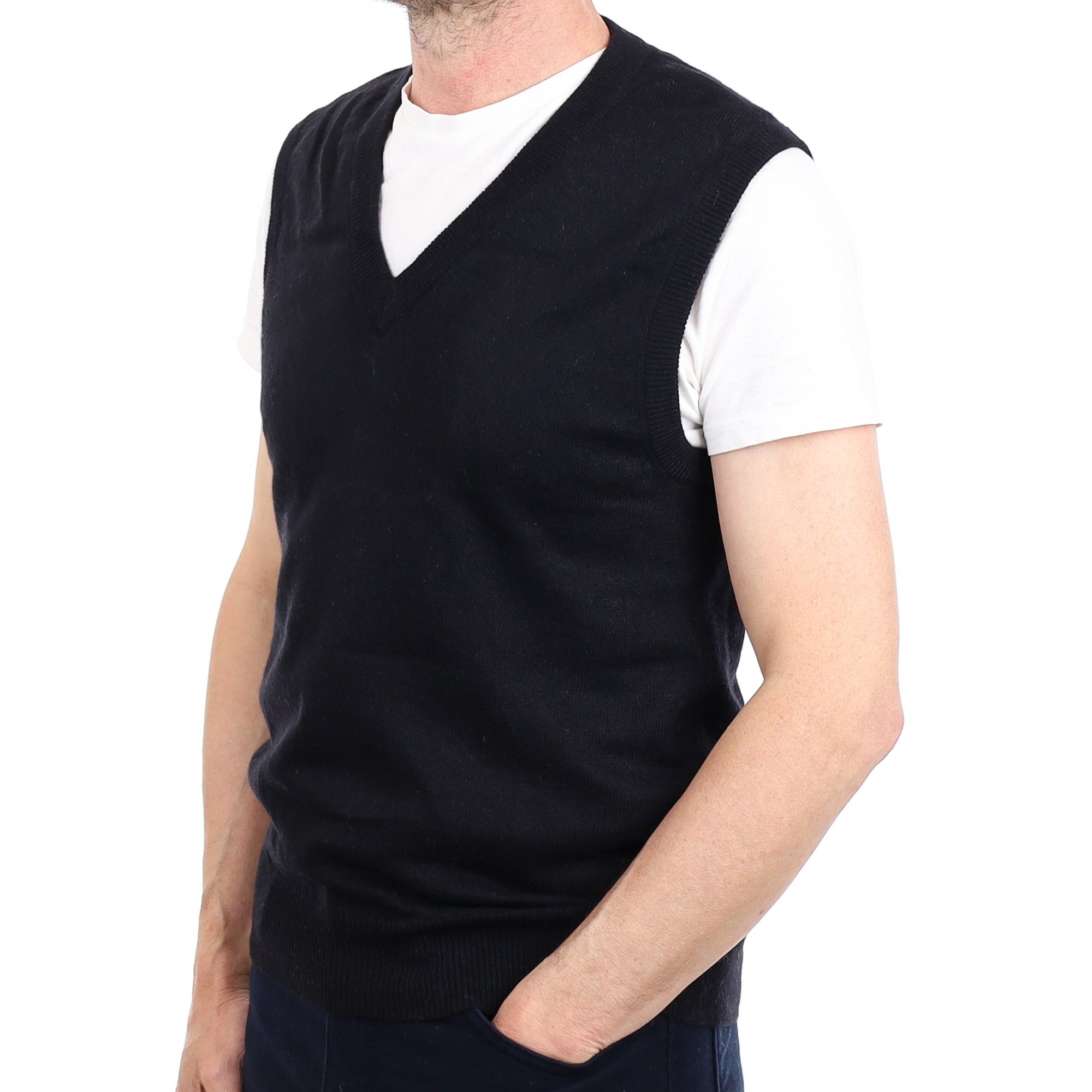 Men's Black Cashmere V Neck Tank Top Small