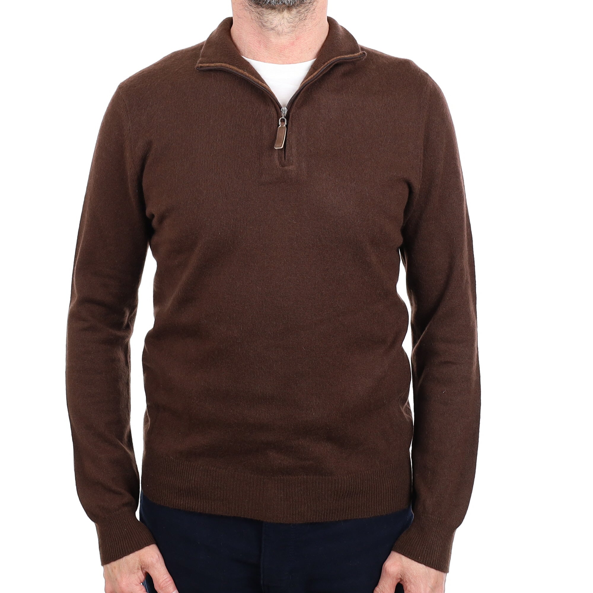 Men's Chocolate Brown Cashmere 1/4 Zip Jumper Small
