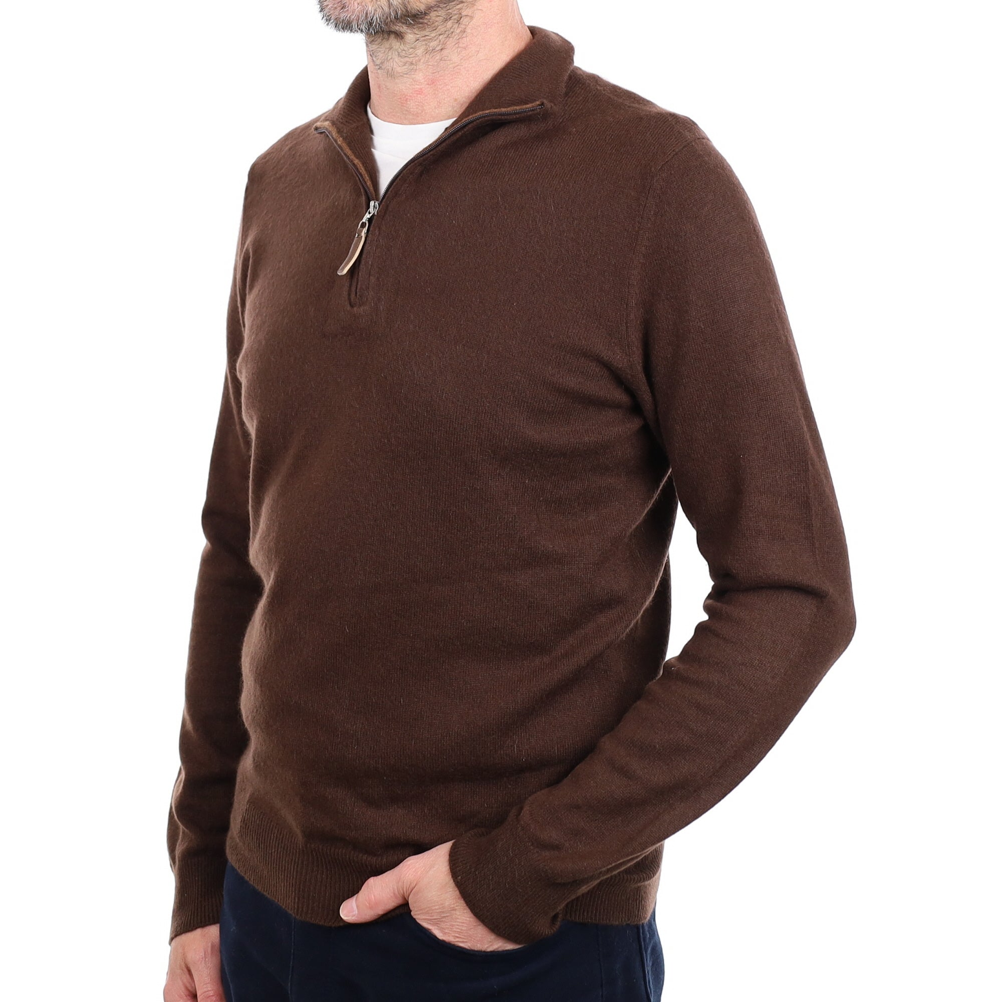 Men's Chocolate Brown Cashmere 1/4 Zip Jumper Small