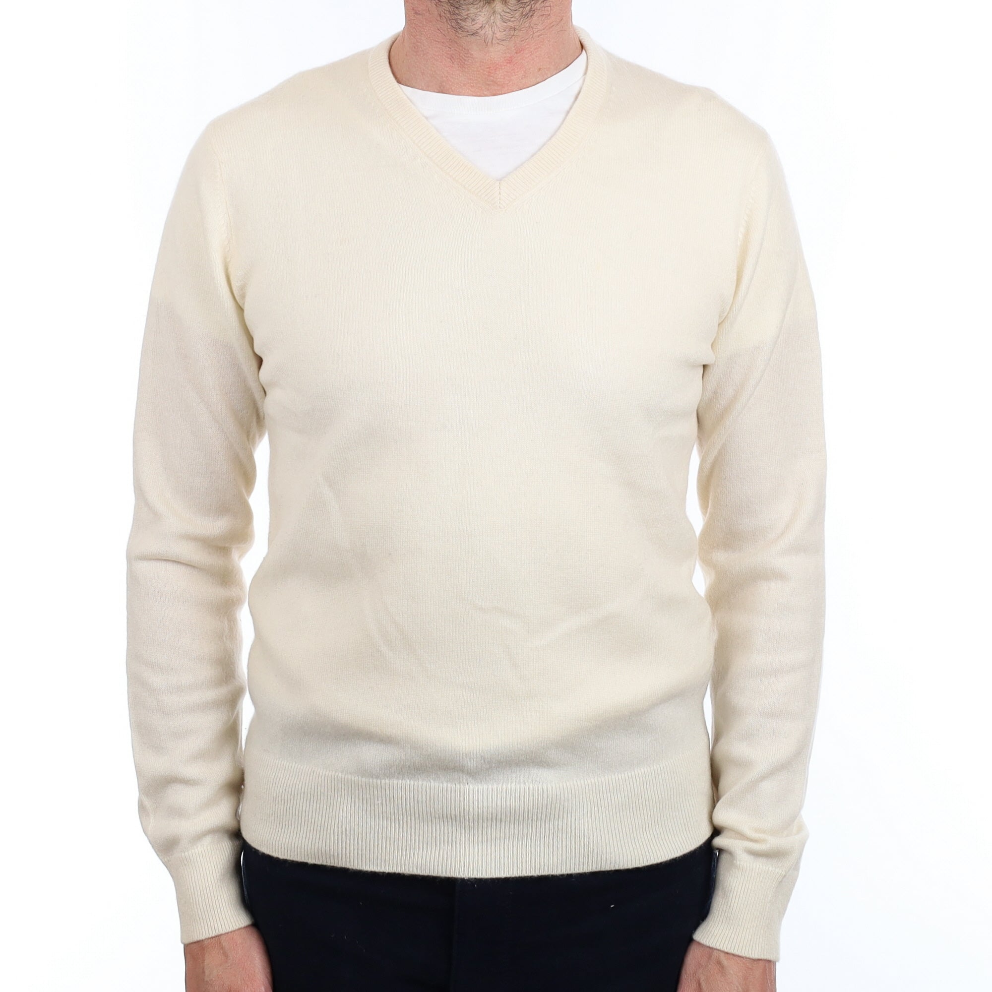 Men's Warm White Cashmere V Neck Jumper Small