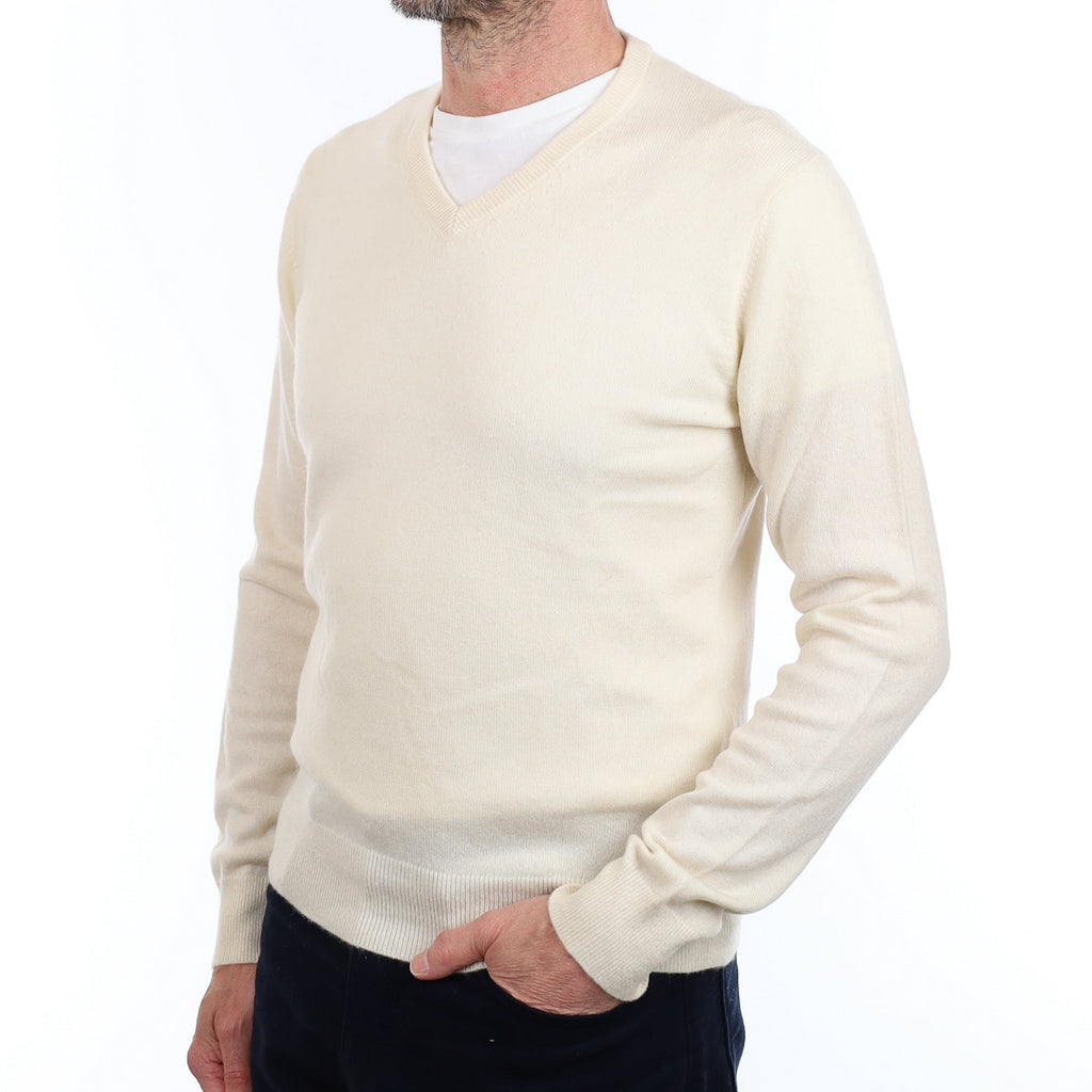 Men's Warm White Cashmere V Neck Jumper Small