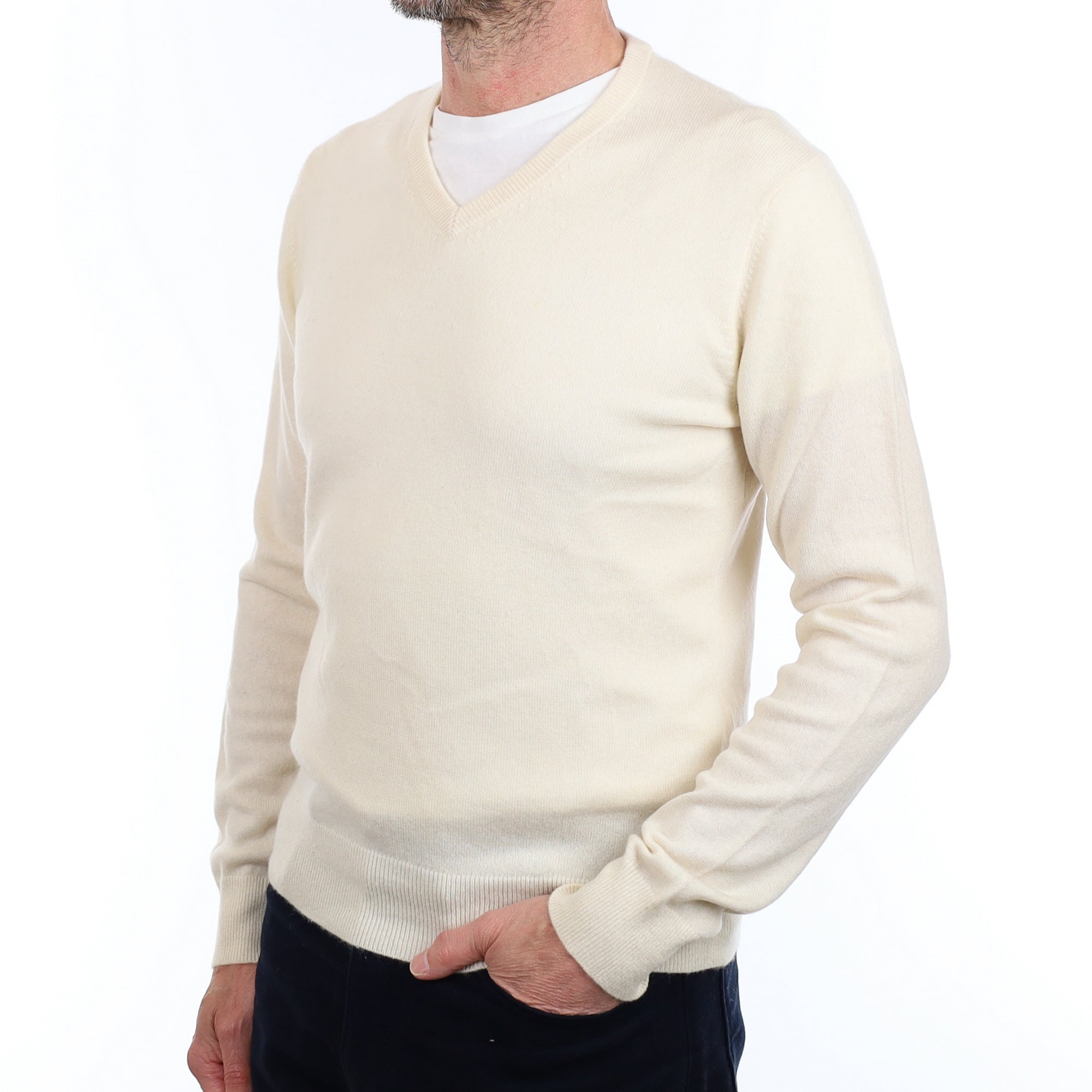 Men's Warm White Cashmere V Neck Jumper Small