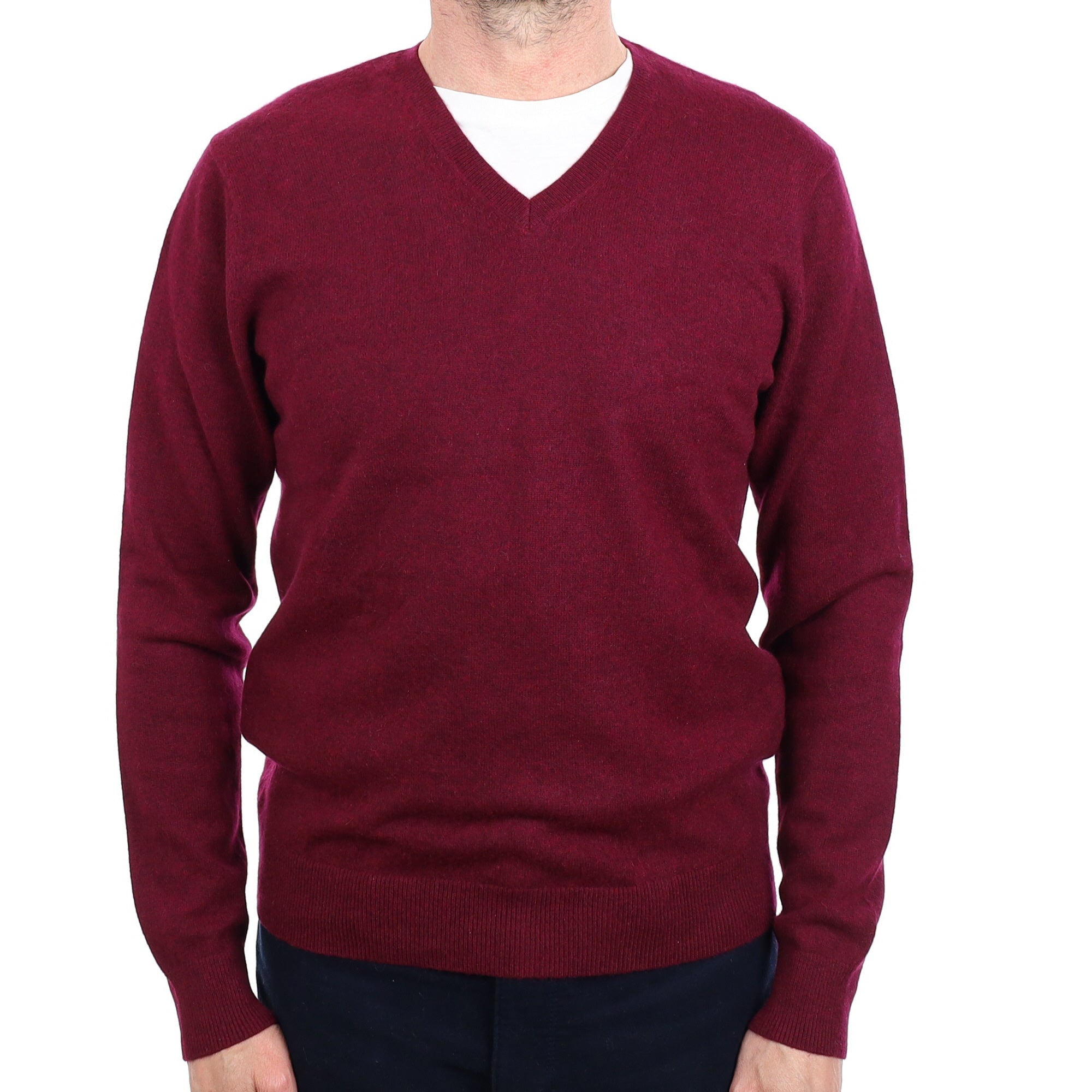 Men's Wine Red Cashmere V Neck Jumper Small