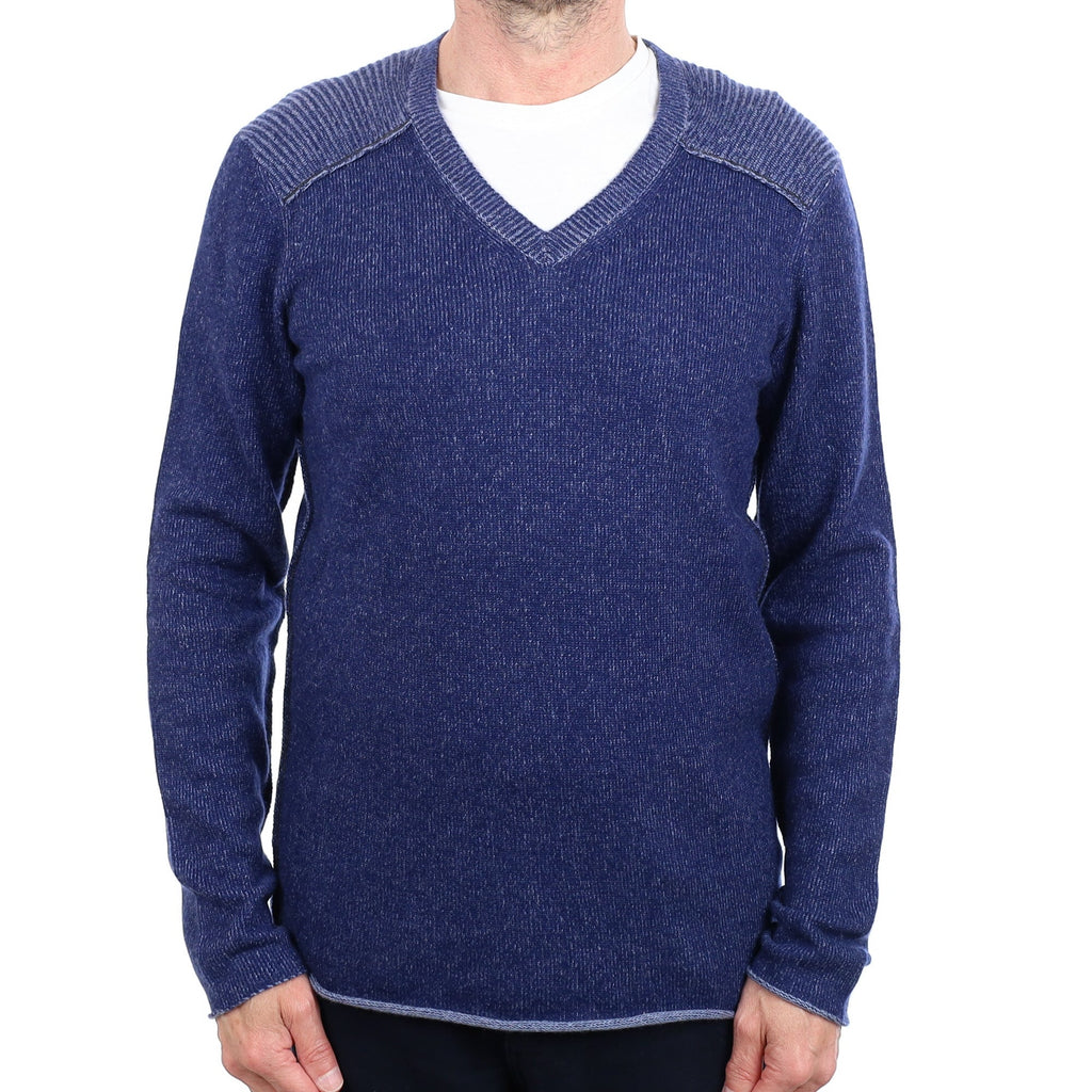 Men's Two Tone Blue Cashmere V Neck Jumper Small
