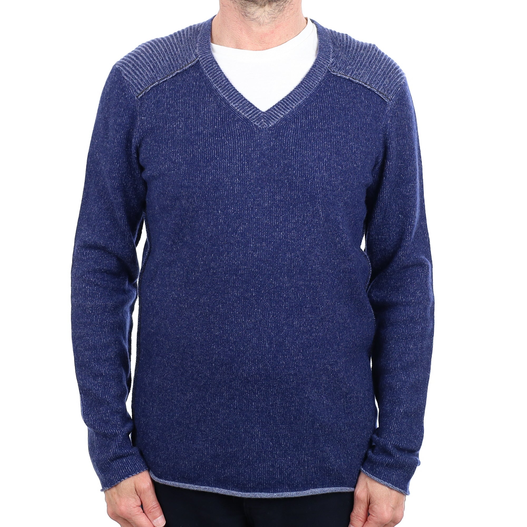 Men's Two Tone Blue Cashmere V Neck Jumper Small