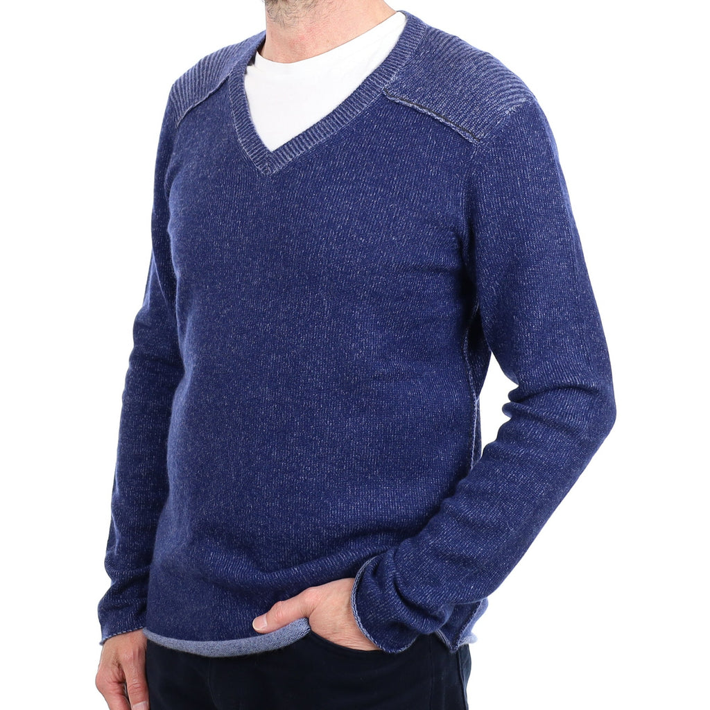 Men's Two Tone Blue Cashmere V Neck Jumper Small