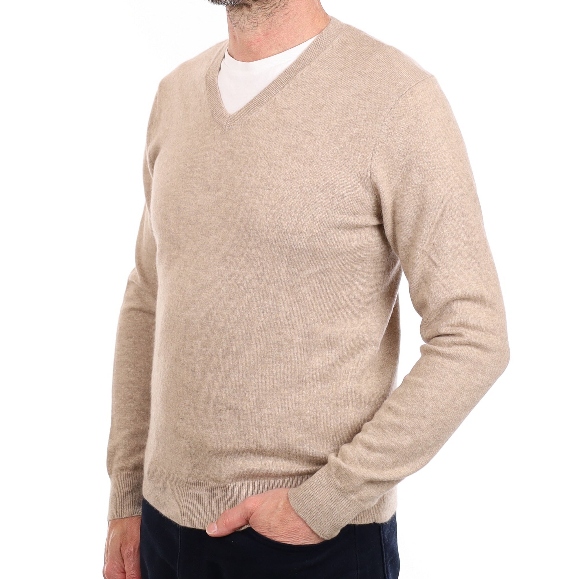 Men's Fawn Cashmere V Neck Jumper Small