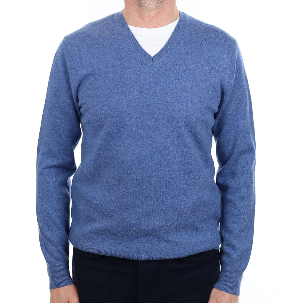 Men's Denim Blue Cashmere V Neck Jumper Small