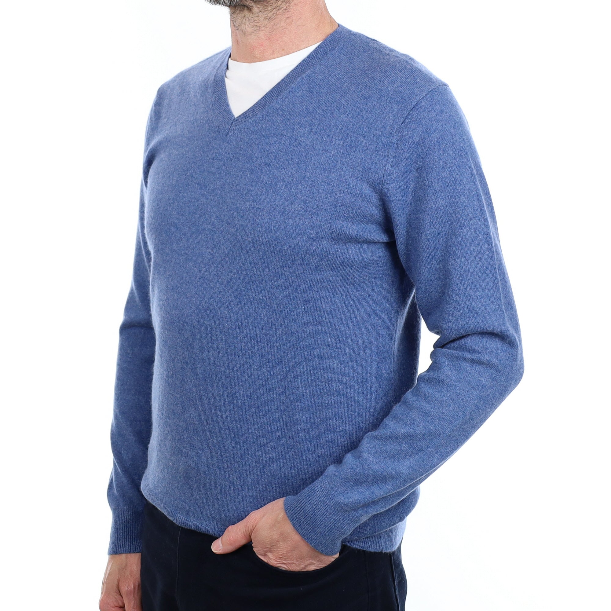 Men's Denim Blue Cashmere V Neck Jumper Small