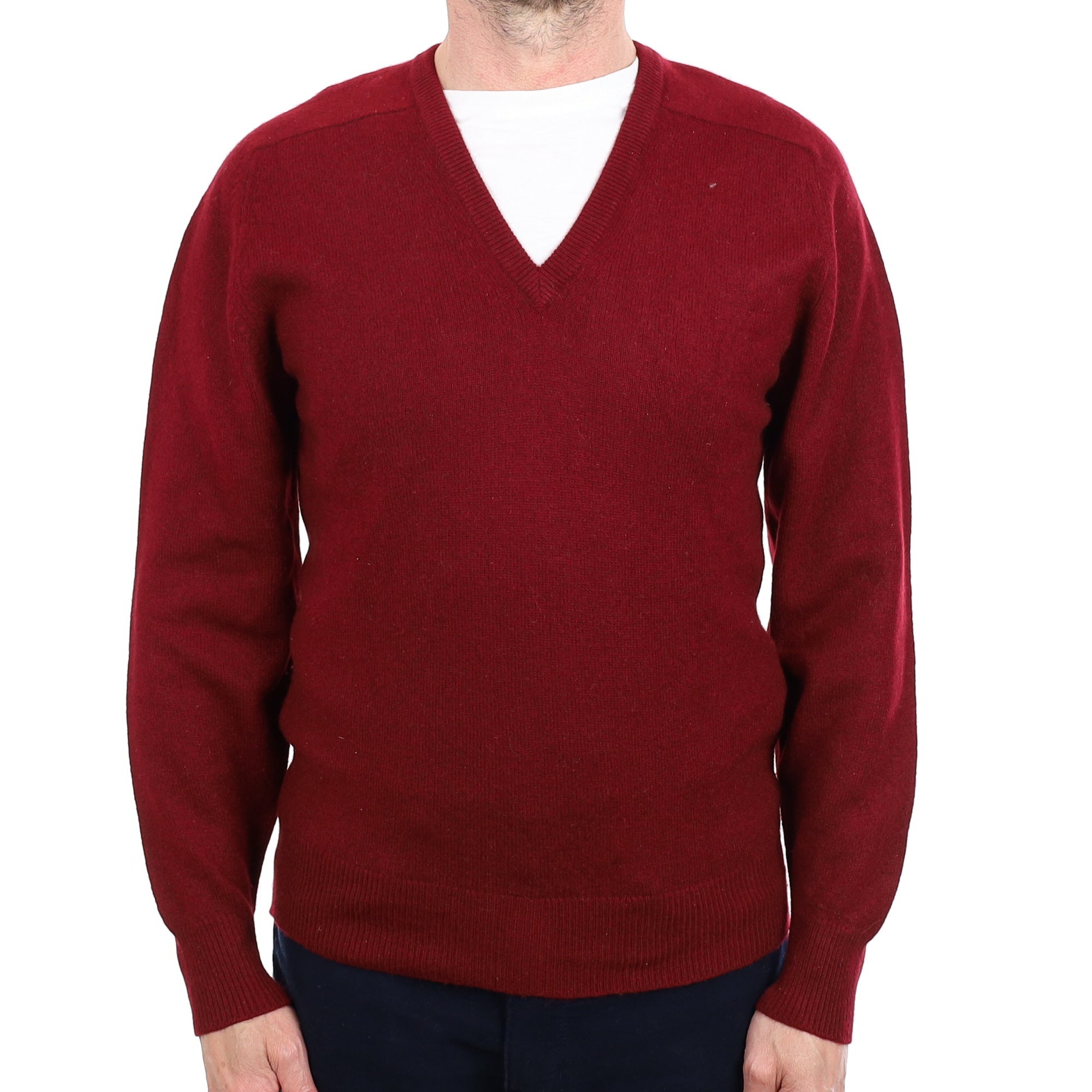 Men's Vintage Scottish Burgundy Cashmere V Neck Jumper Small