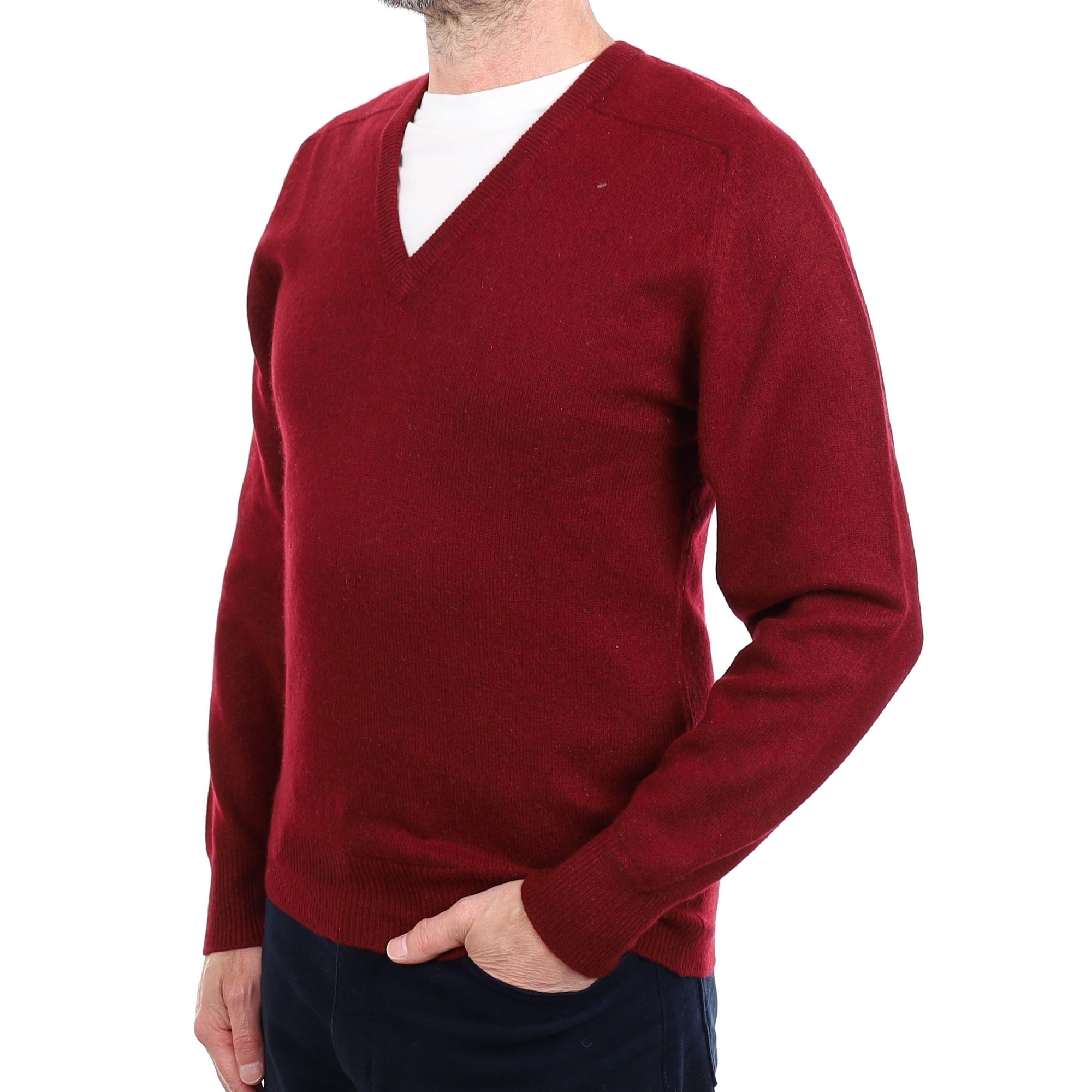 Men's Vintage Scottish Burgundy Cashmere V Neck Jumper Small
