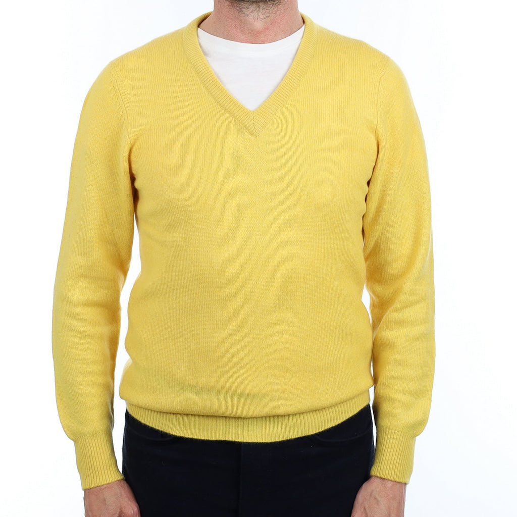 Men's Canary Yellow Cashmere V Neck Jumper Small