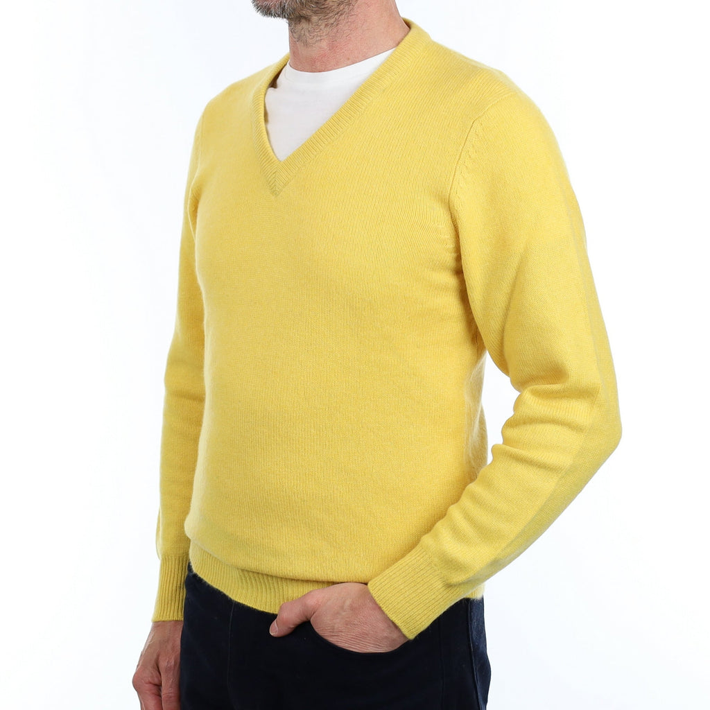 Men's Canary Yellow Cashmere V Neck Jumper Small