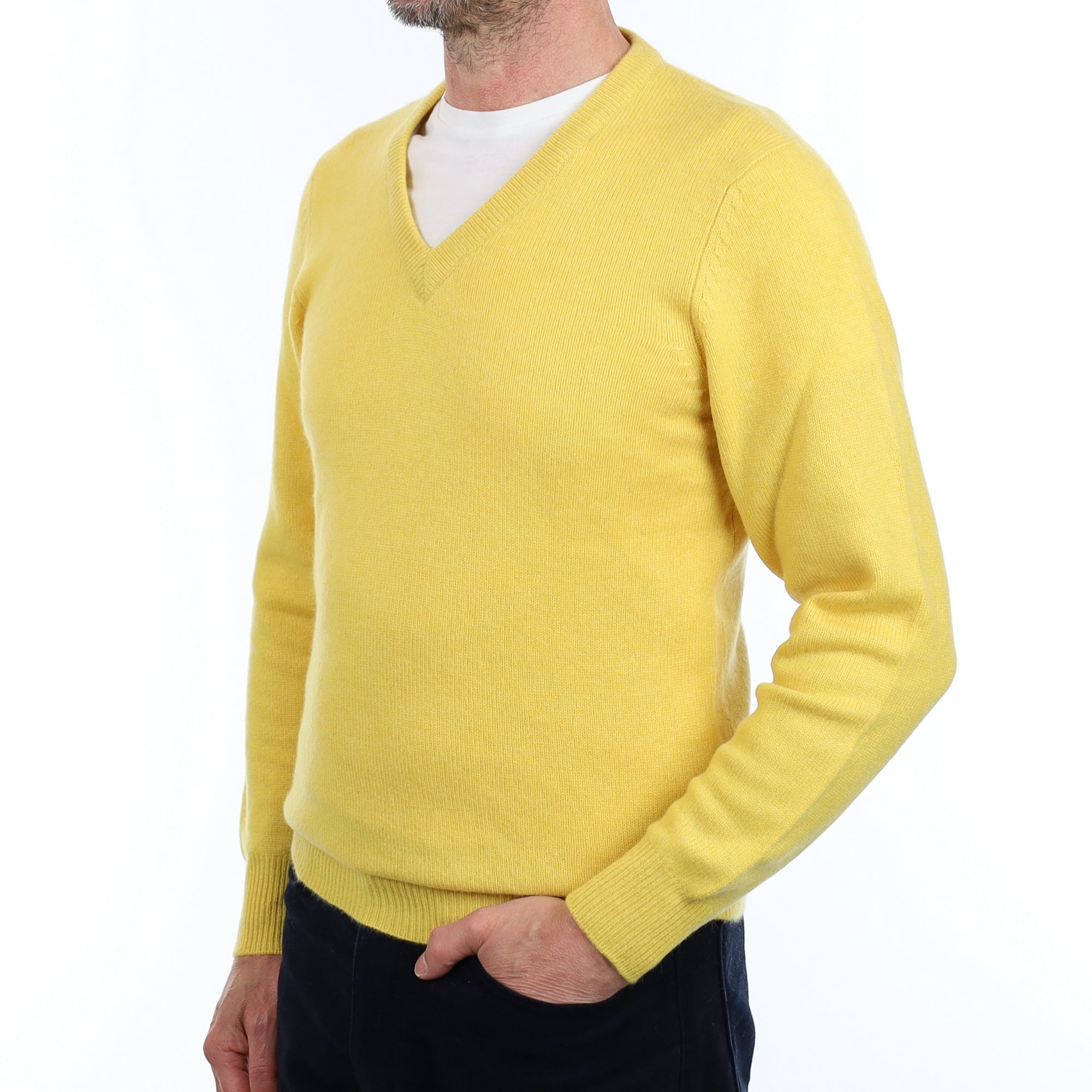 Men's Canary Yellow Cashmere V Neck Jumper Small