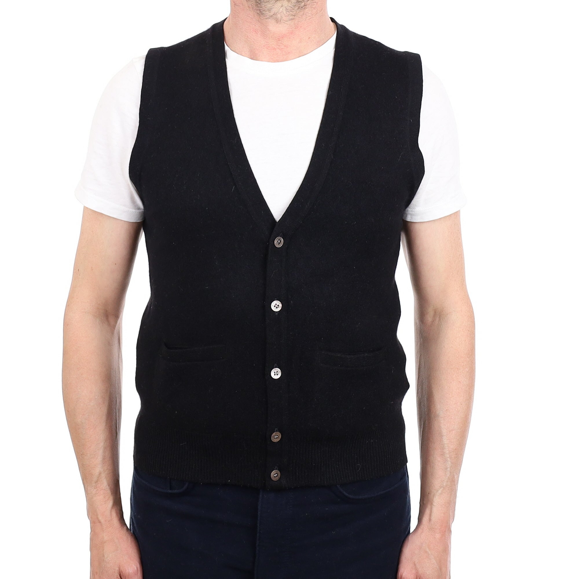 Men's Black Cashmere V Neck Waistcoat with Pockets Small