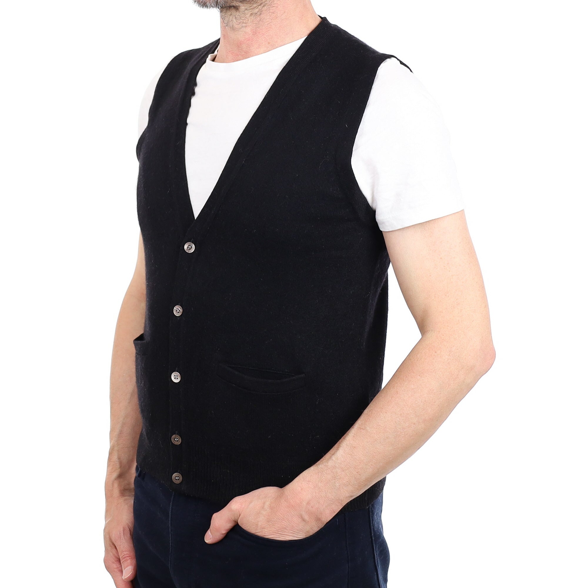 Men's Black Cashmere V Neck Waistcoat with Pockets Small