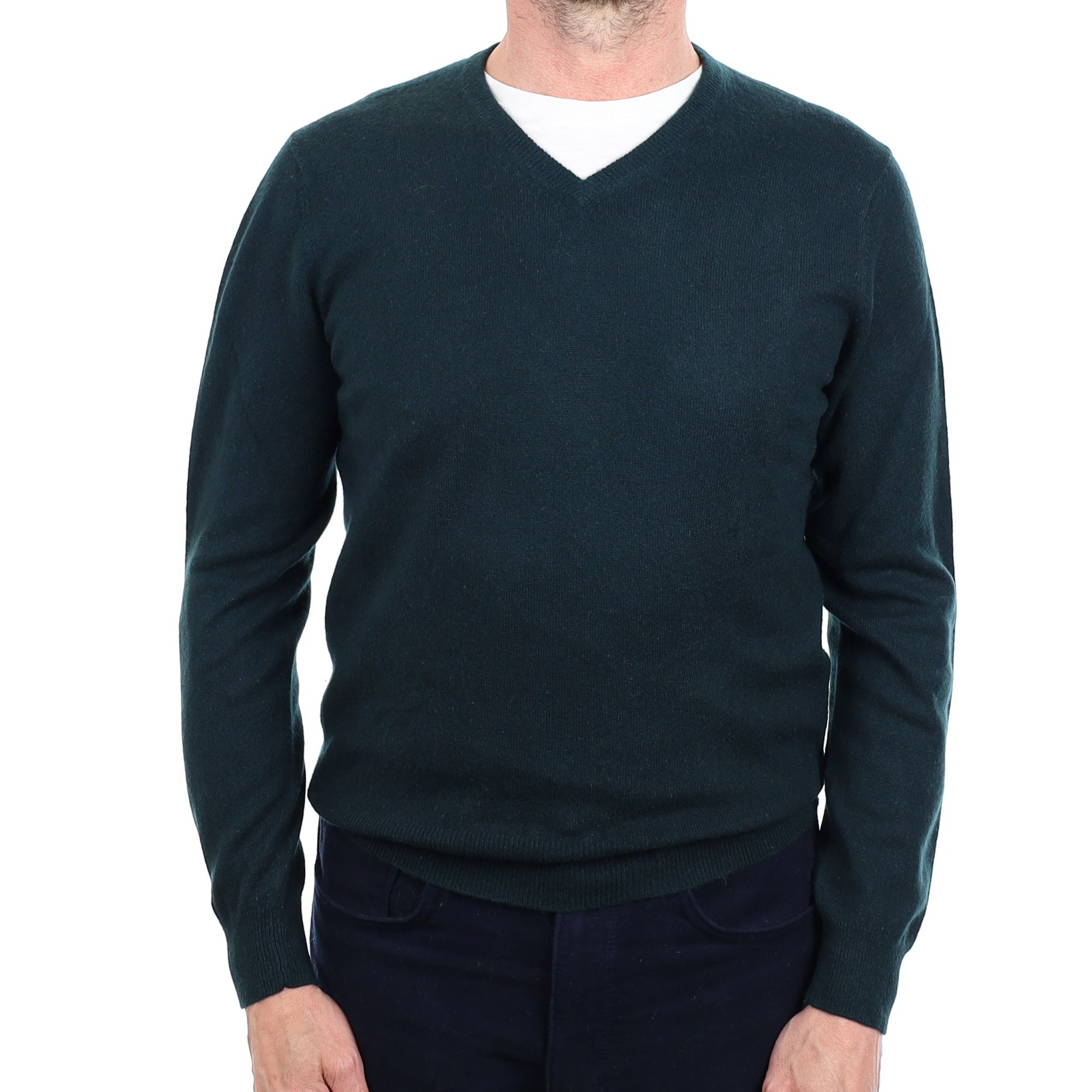 Men's Bottle Green Cashmere V Neck Jumper Small