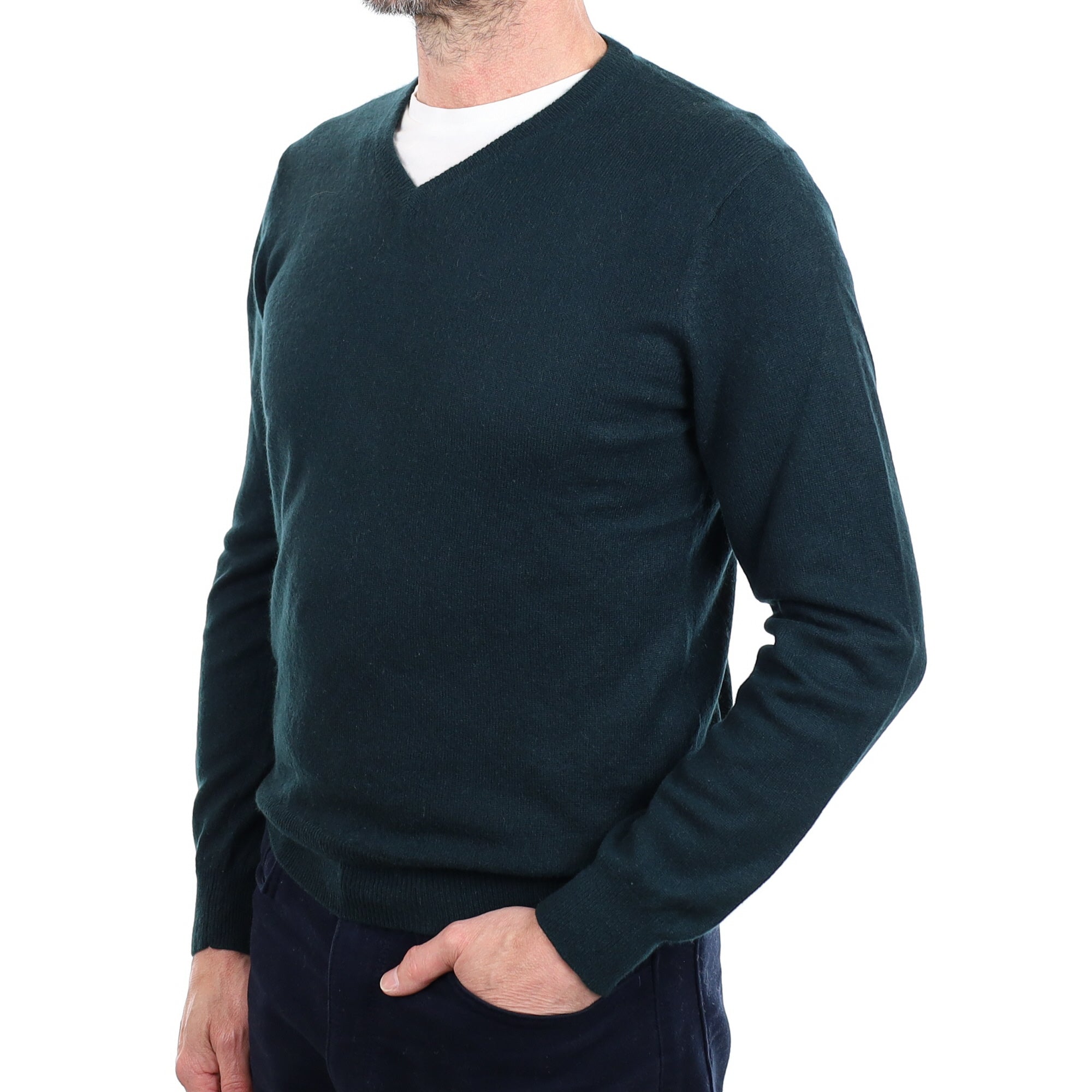 Men's Bottle Green Cashmere V Neck Jumper Small