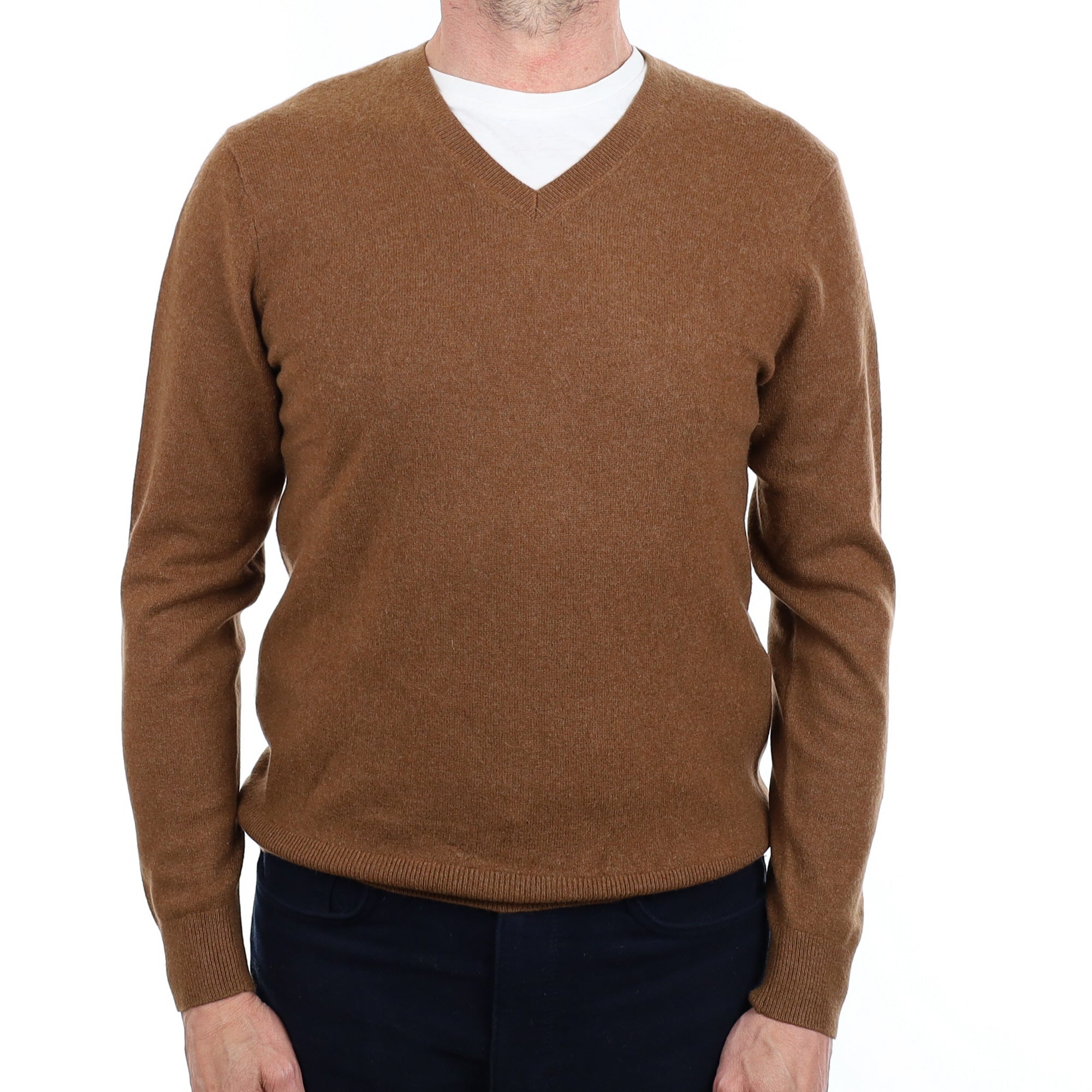Men's Cinnamon Brown Cashmere V Neck Jumper Small