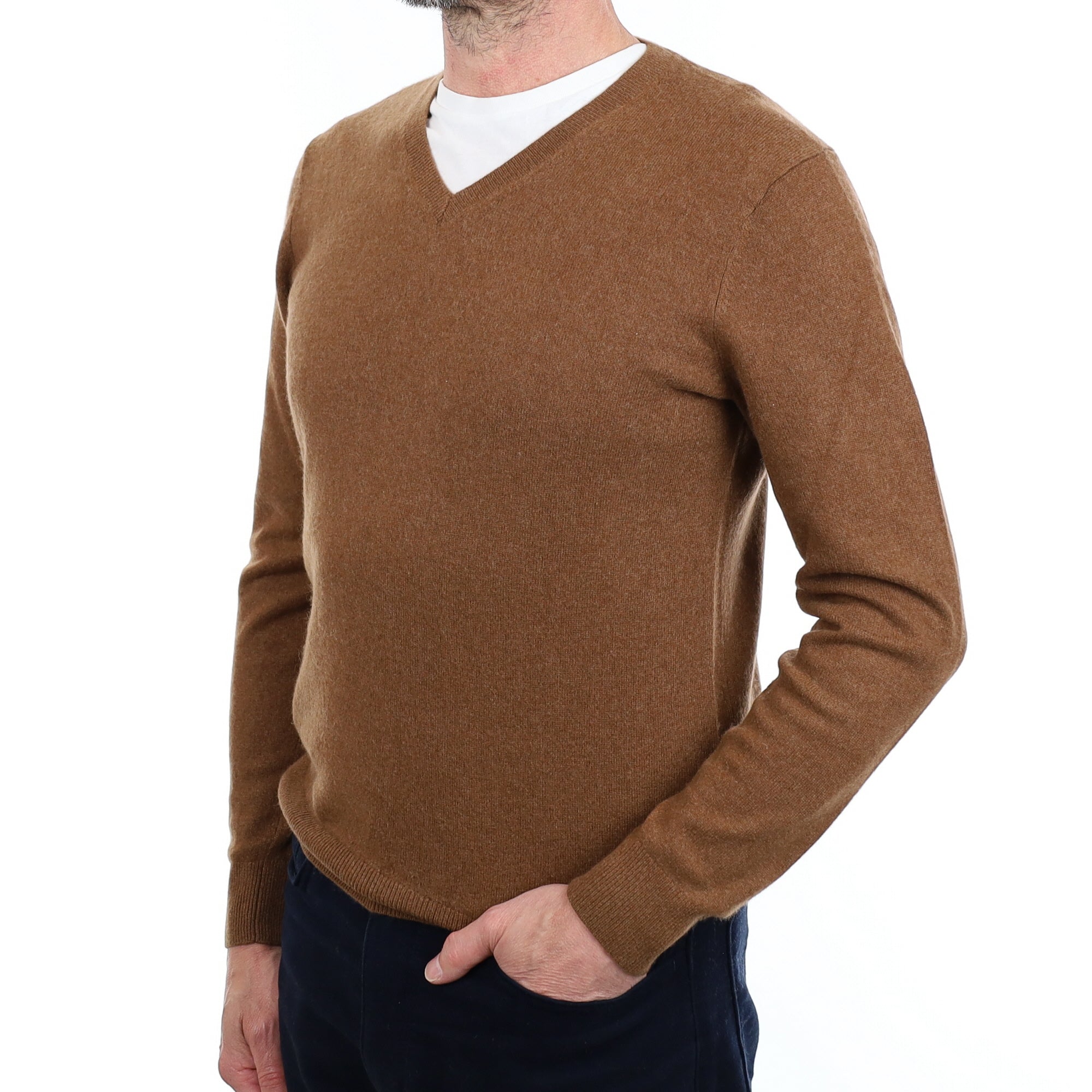 Men's Cinnamon Brown Cashmere V Neck Jumper Small