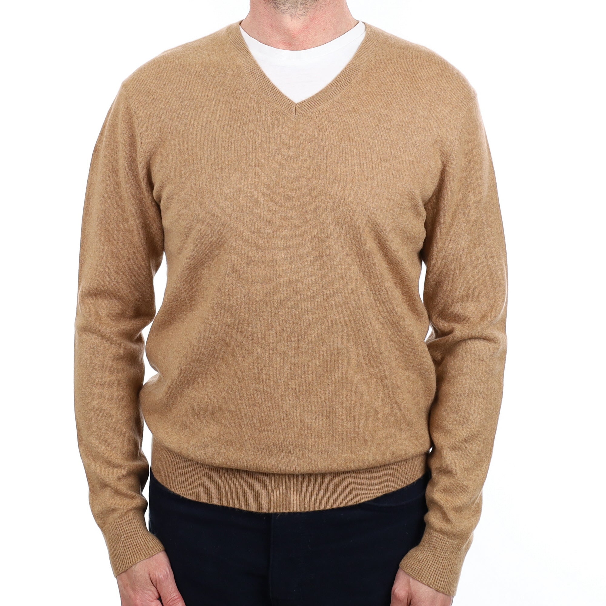 Men's Toffee Brown Cashmere V Neck Jumper Small