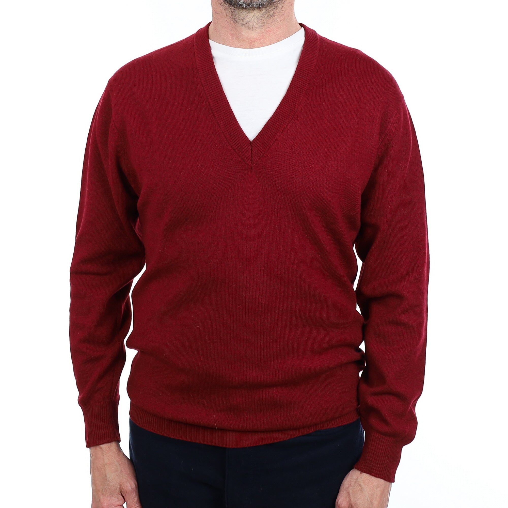 Men's Burgundy Red Cashmere V Neck Jumper Small