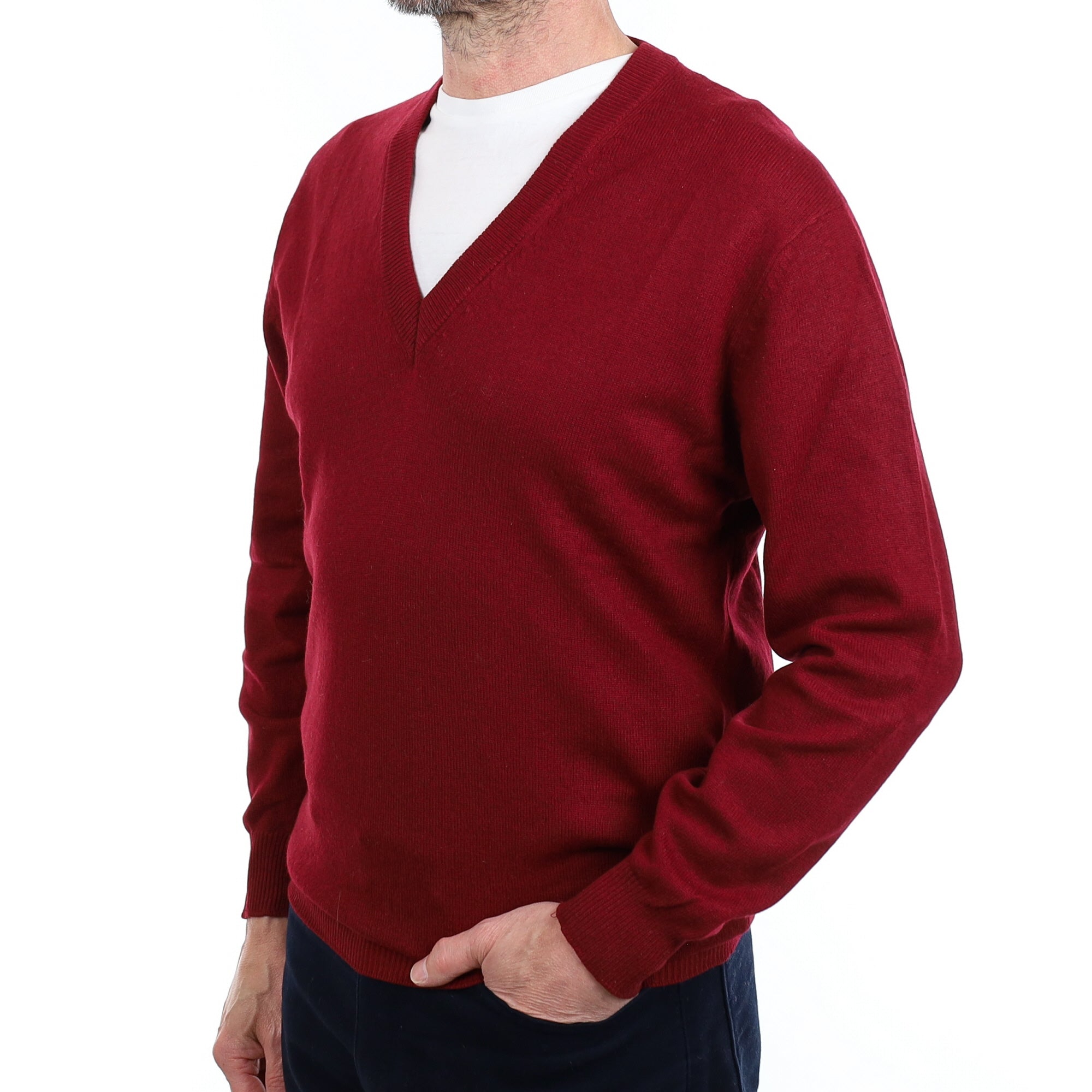 Men's Burgundy Red Cashmere V Neck Jumper Small
