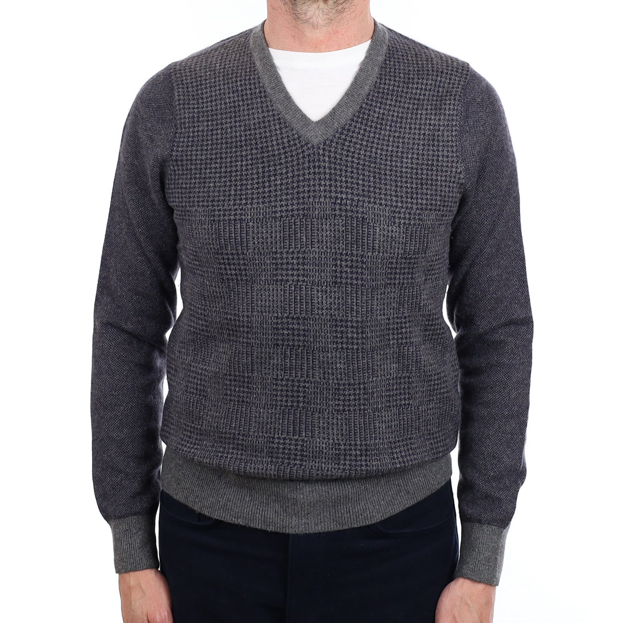 Men's Navy and Grey Dog Tooth Cashmere V Neck Jumper Small
