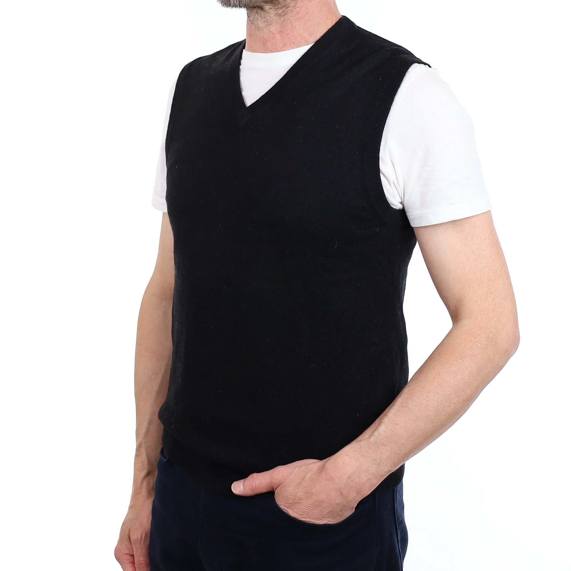 Men's Black Cashmere V Neck Tank Top Extra Small
