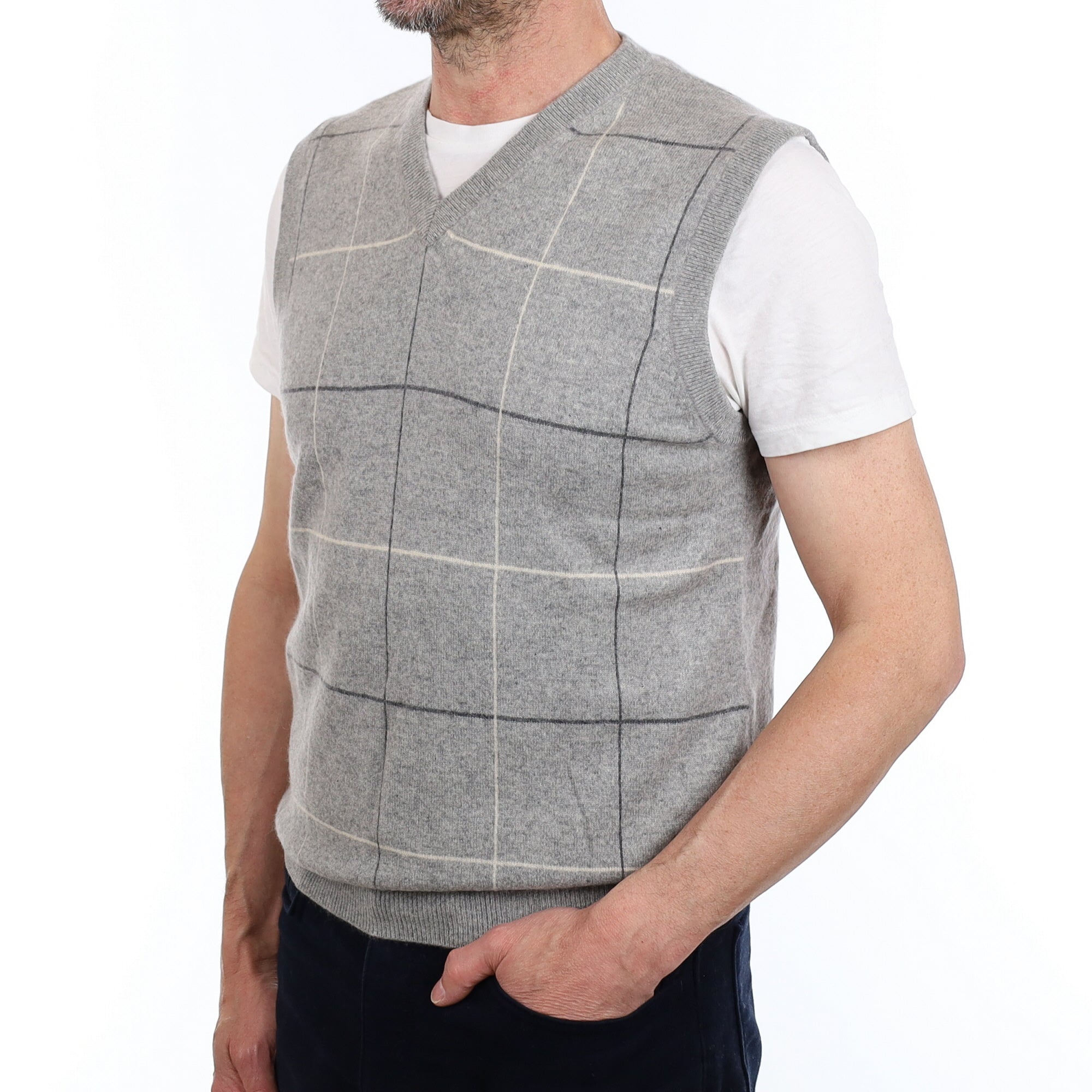 Men's Grey Checked Cashmere V Neck Tank Top Small