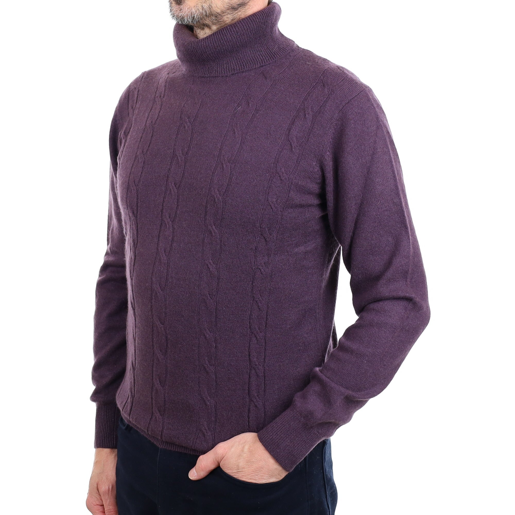 Men's deep Dusky Purple Cashmere Polo Neck Jumper Small