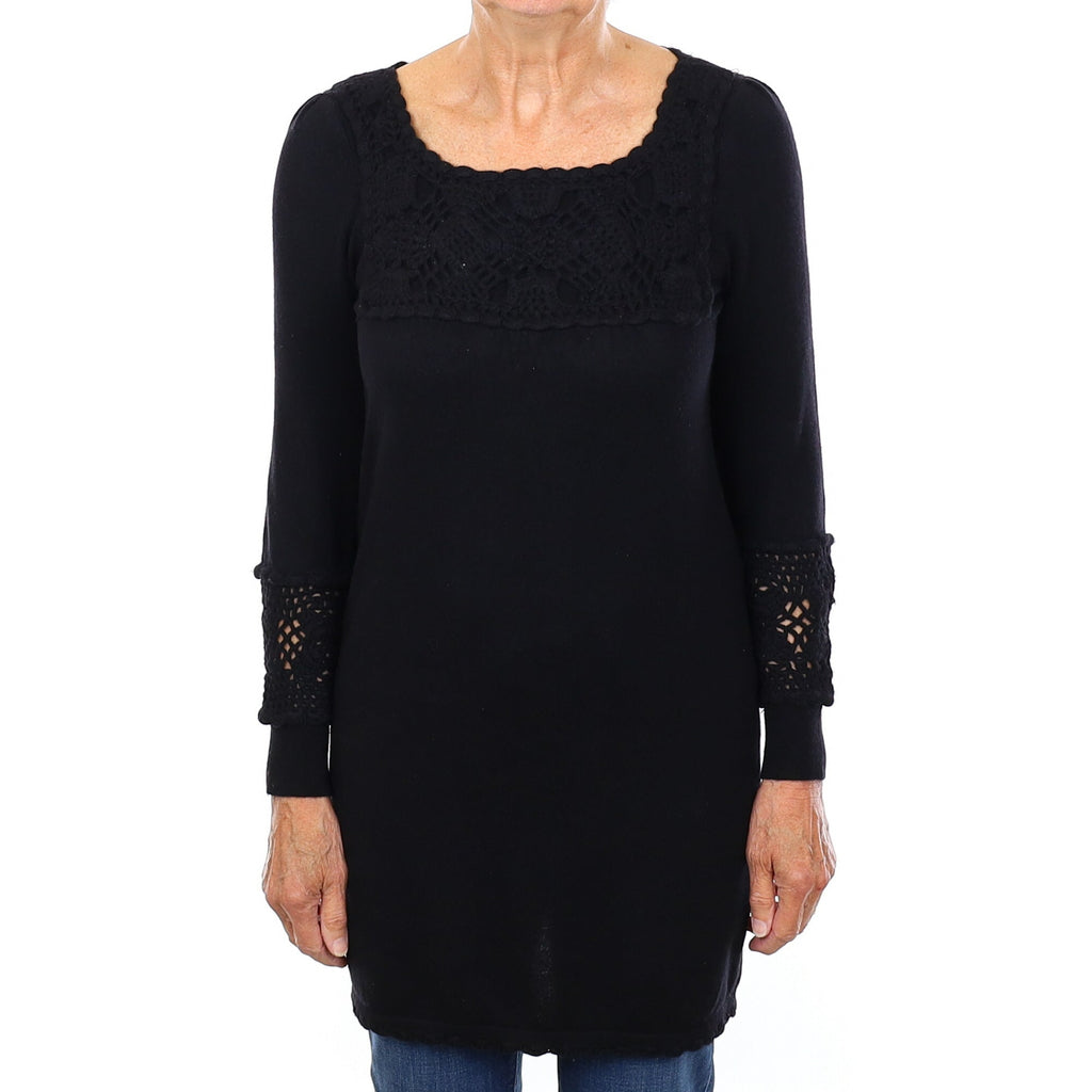 Black Cashmere Crochet Detail Square Neck Dress Medium