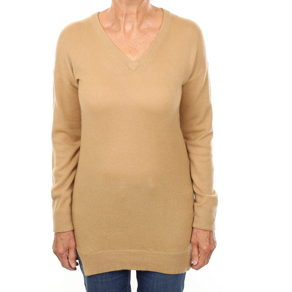 Camel Cashmere Longline V Neck Jumper Medium