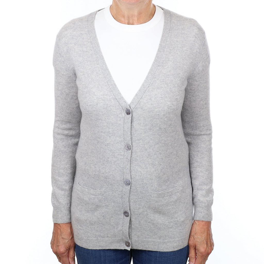 Smoke Grey Cashmere V Neck Cardigan with Pockets Medium