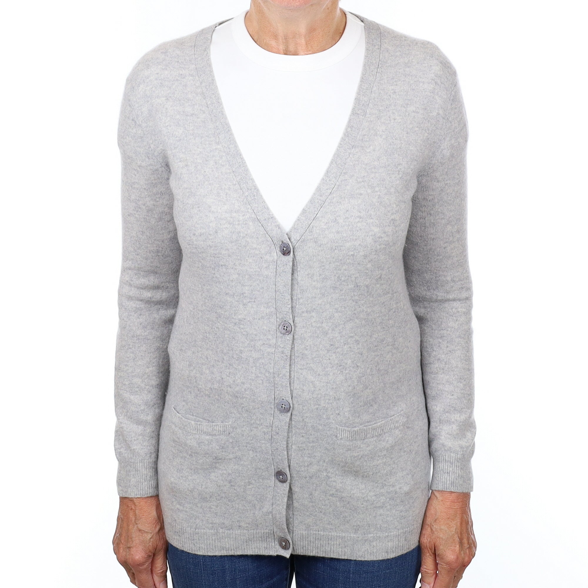 Smoke Grey Cashmere V Neck Cardigan with Pockets Medium