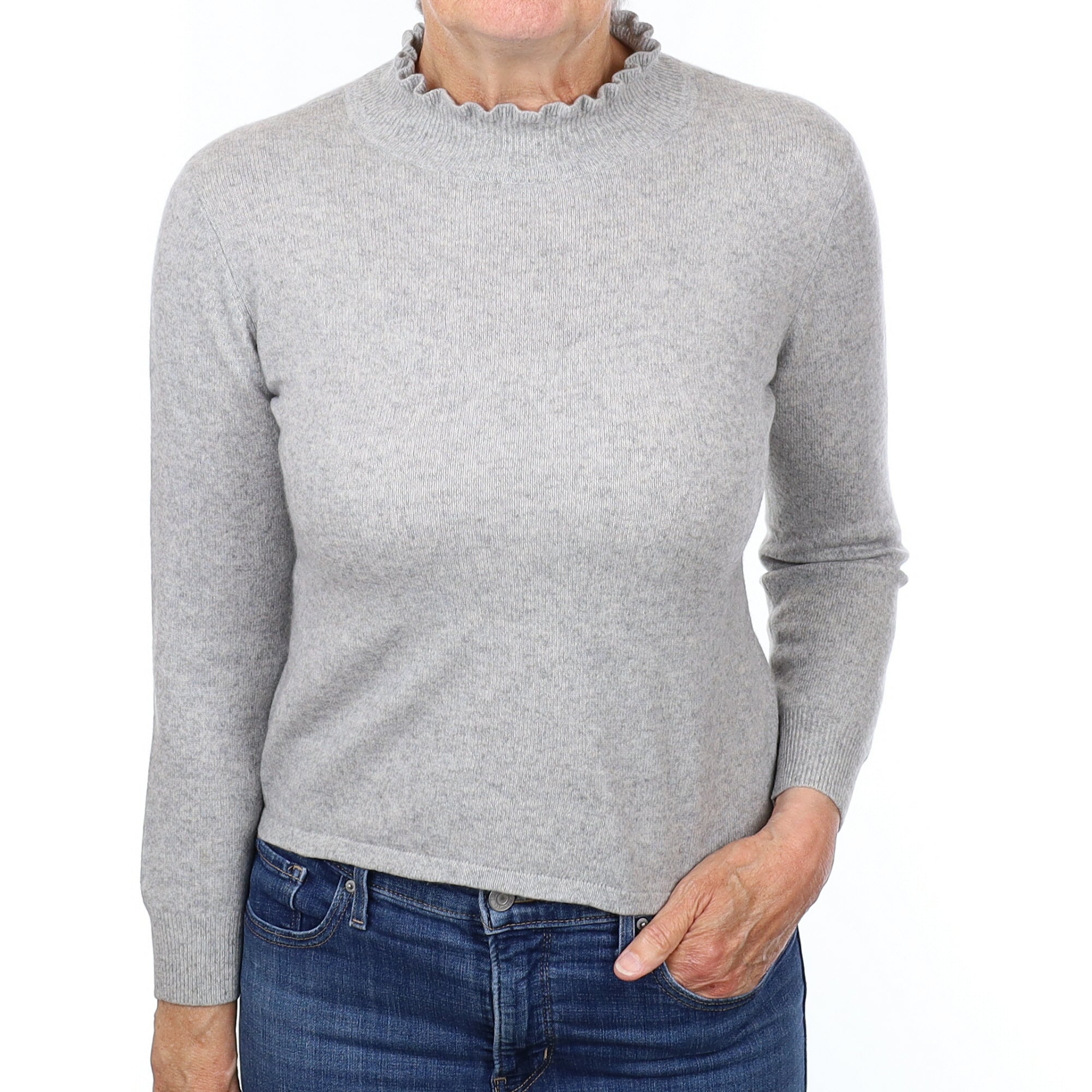 Smoke Grey Cashmere Ruffle Edge Turtleneck Jumper Medium