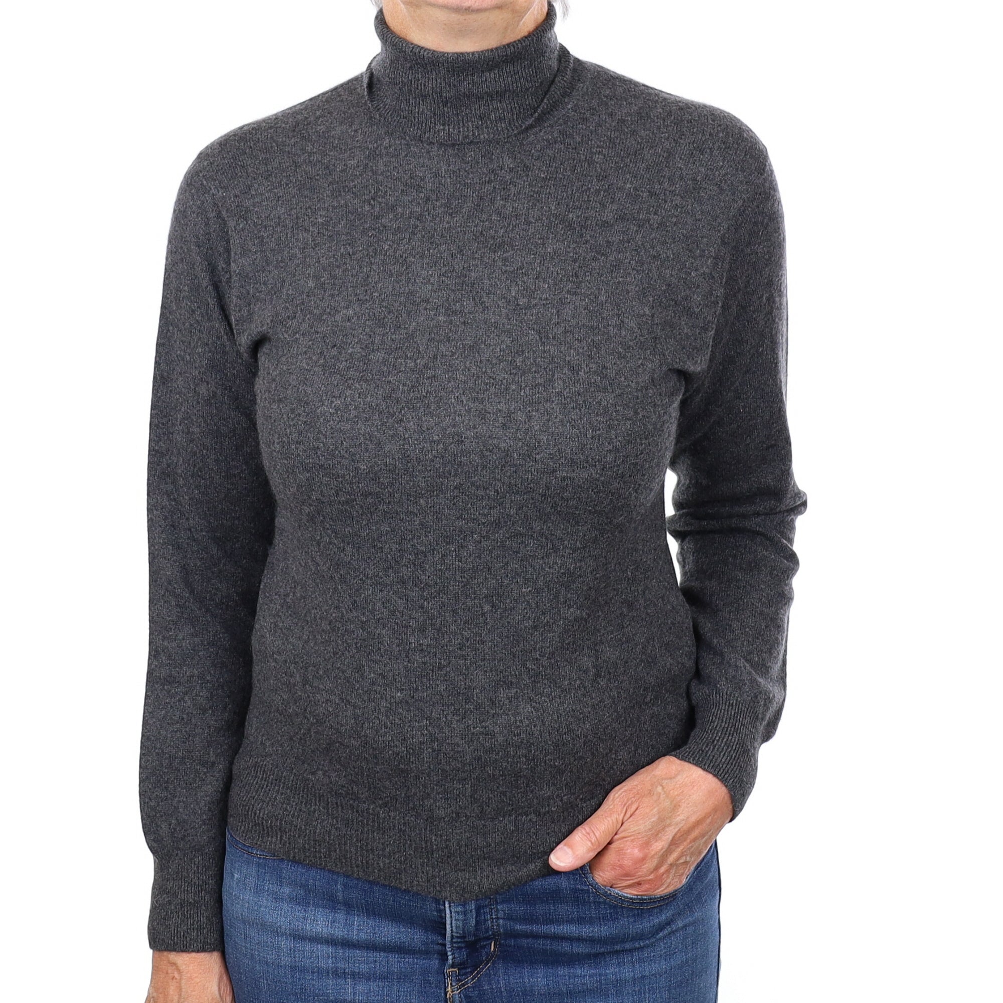 Charcoal Grey Cashmere Polo Neck Jumper Medium