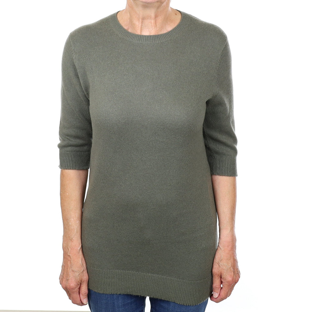 Vince Khaki Green Cashmere 3/4 Sleeve Crew Neck Jumper Medium