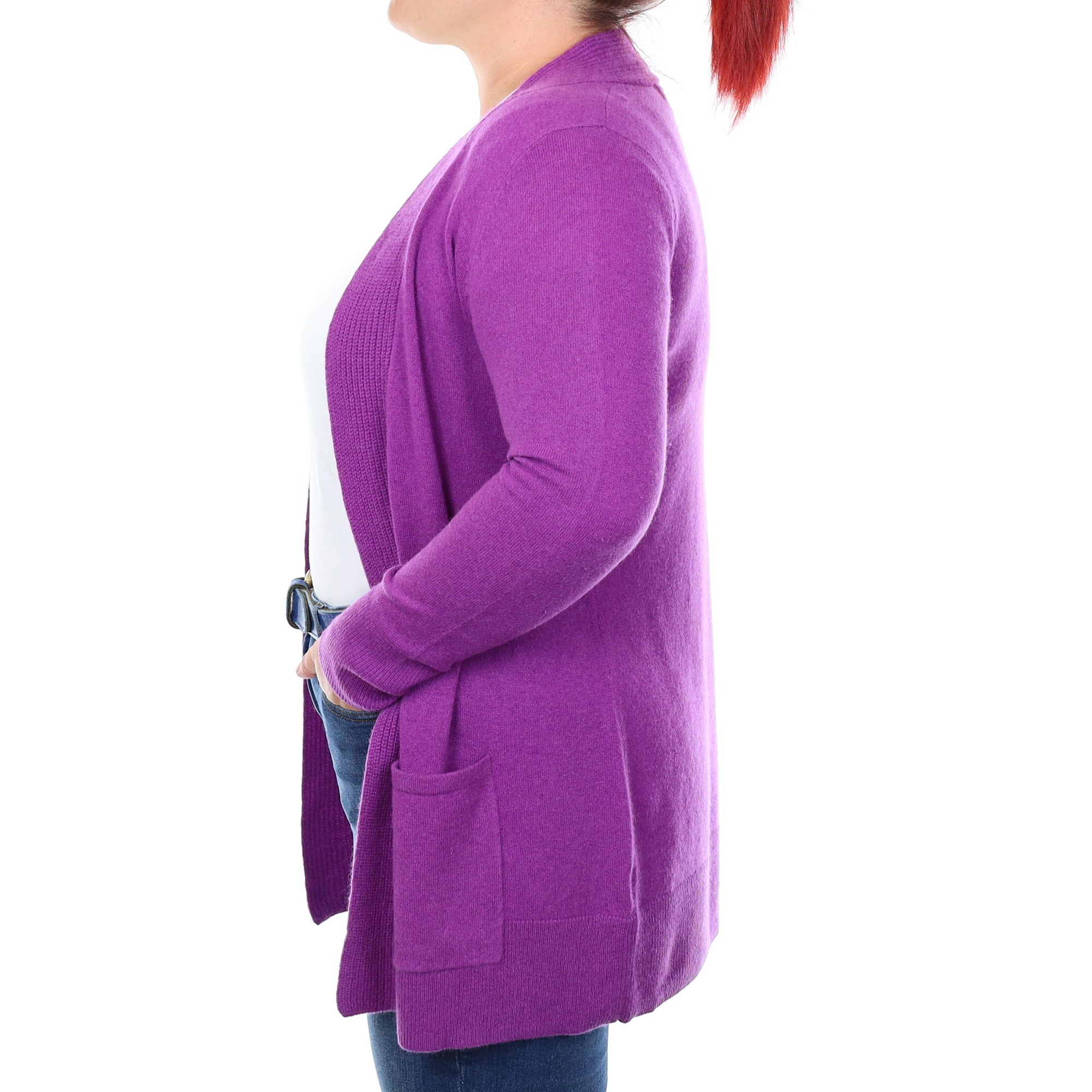 Violet Purple Cashmere Edge to Edge Cardigan with Pockets Large