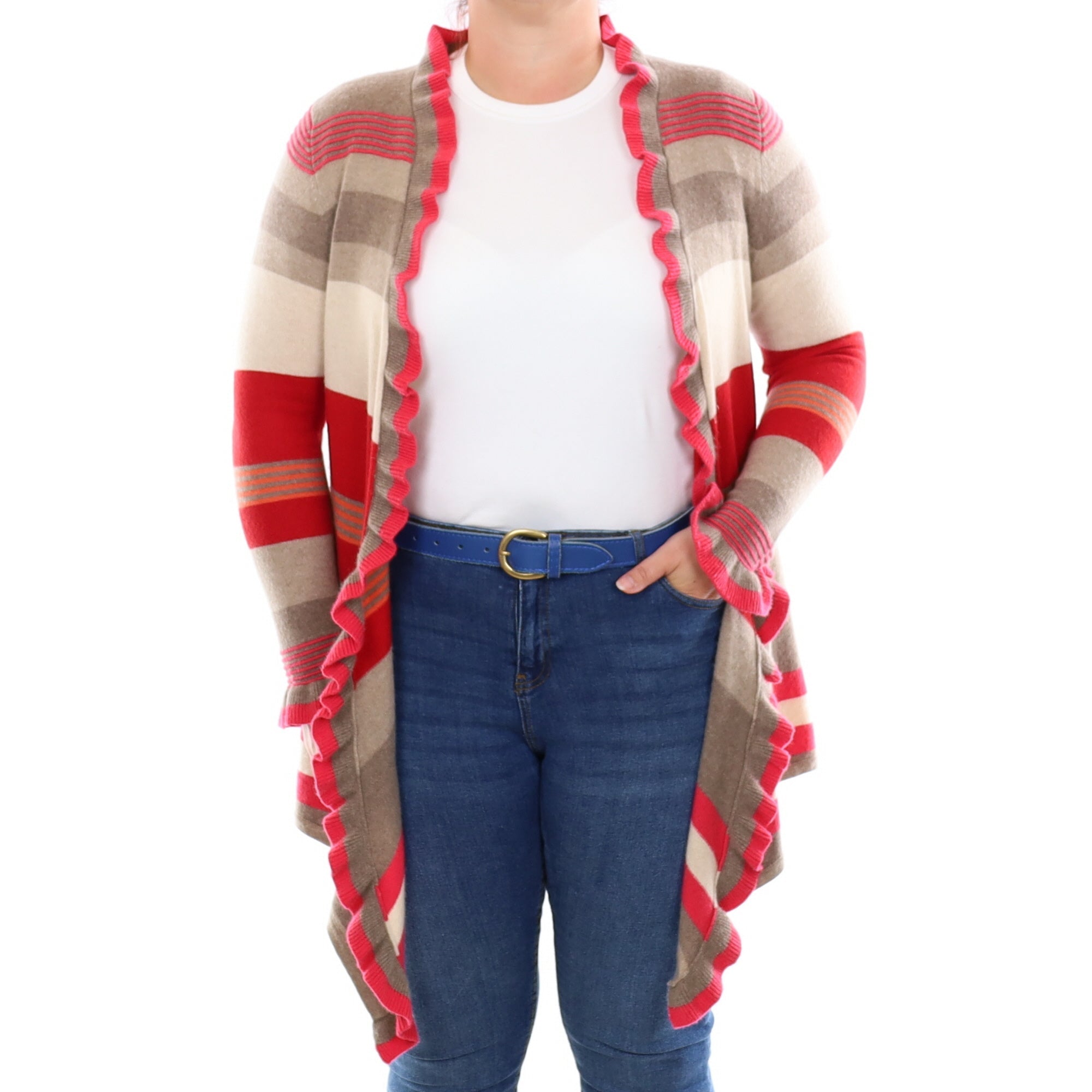 Taupe and Raspberry Stripe Cashmere Ruffle Edged Cardigan Large
