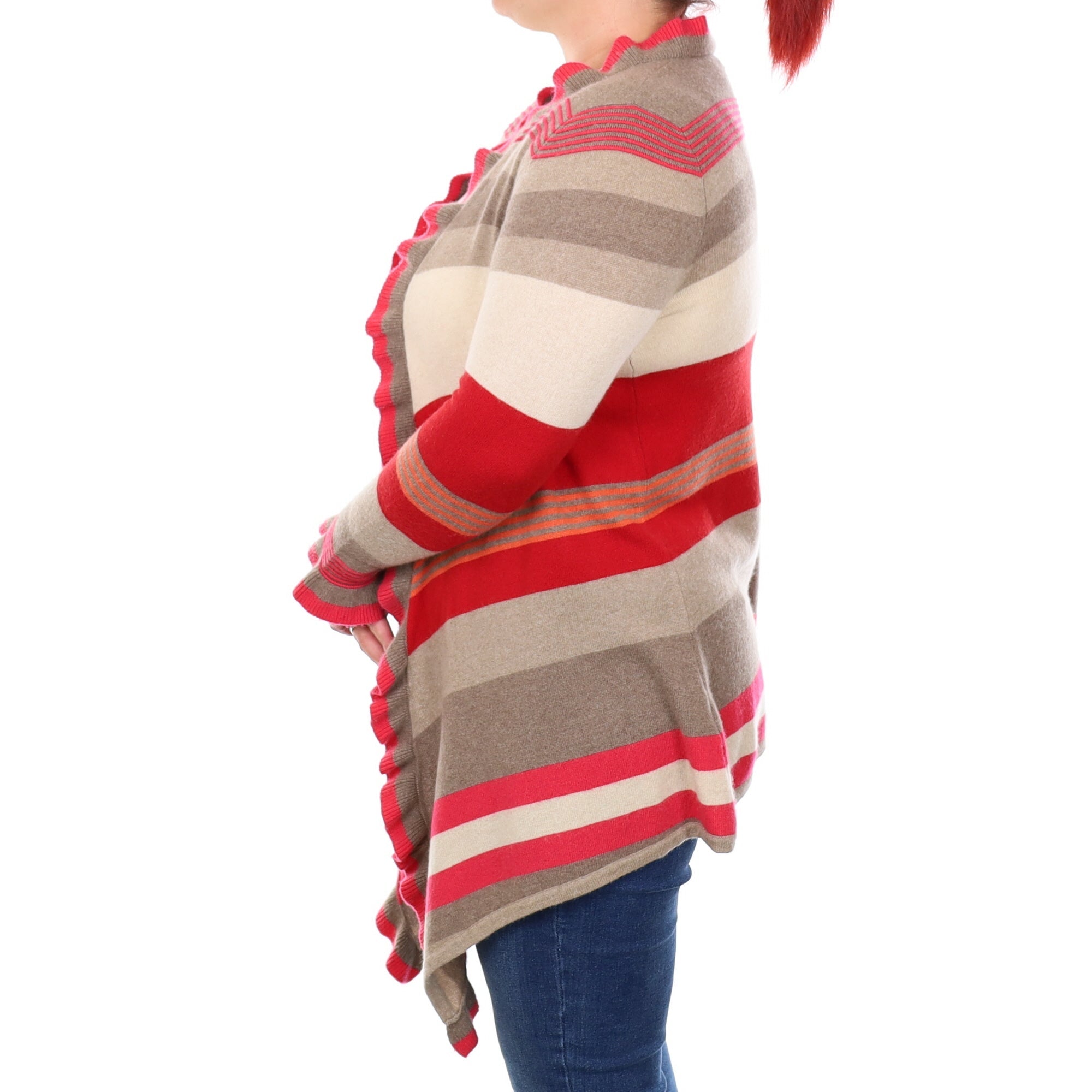 Taupe and Raspberry Stripe Cashmere Ruffle Edged Cardigan Large