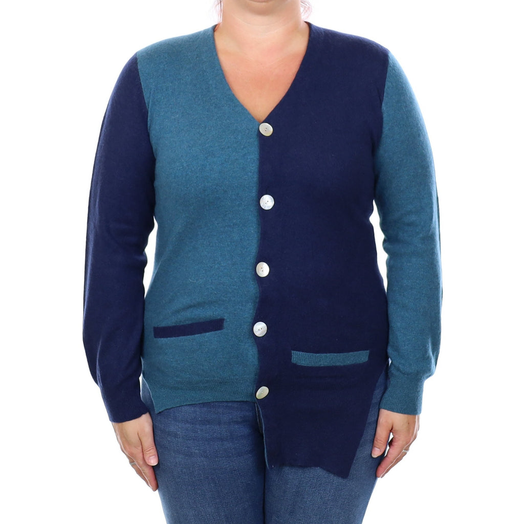 French Navy and Teal Cashmere Asymmetric Hem Cardigan With Pockets Large