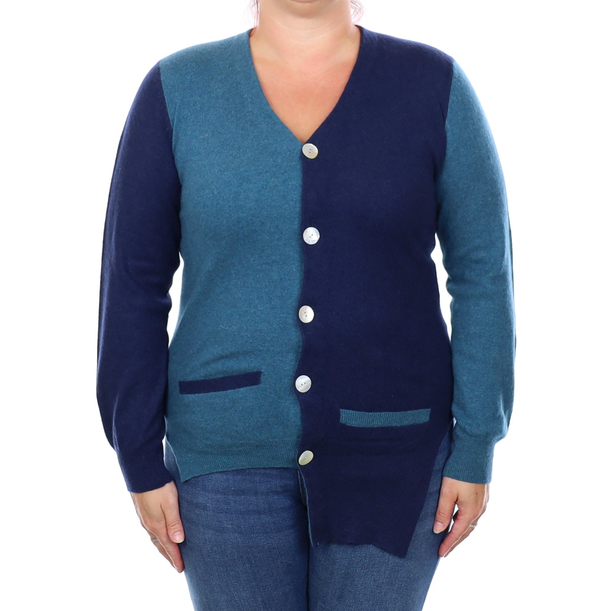 French Navy and Teal Cashmere Asymmetric Hem Cardigan With Pockets Large