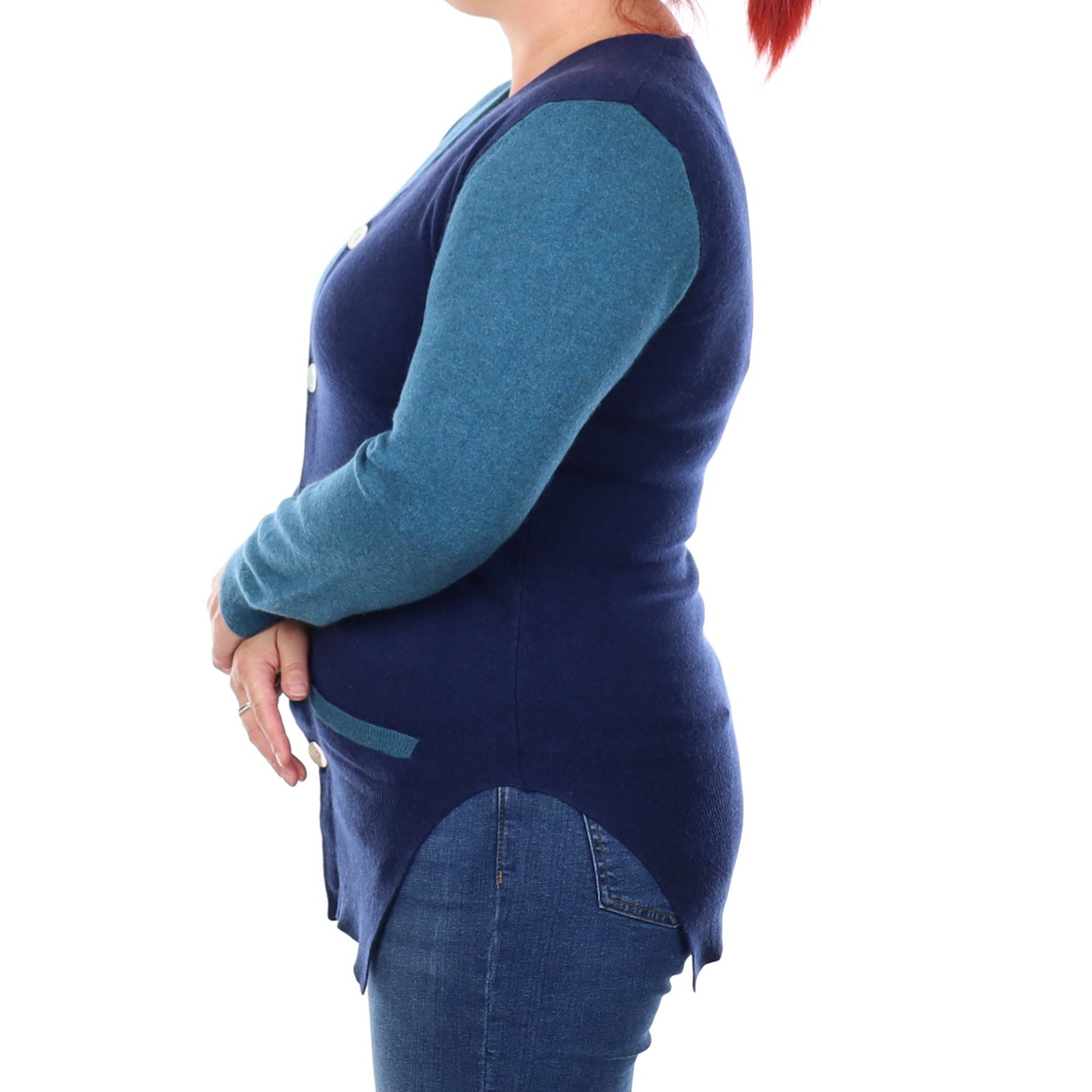 French Navy and Teal Cashmere Asymmetric Hem Cardigan With Pockets Large