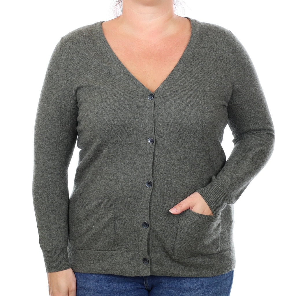 Khaki Green Cashmere V Neck Cardigan with Pockets Large