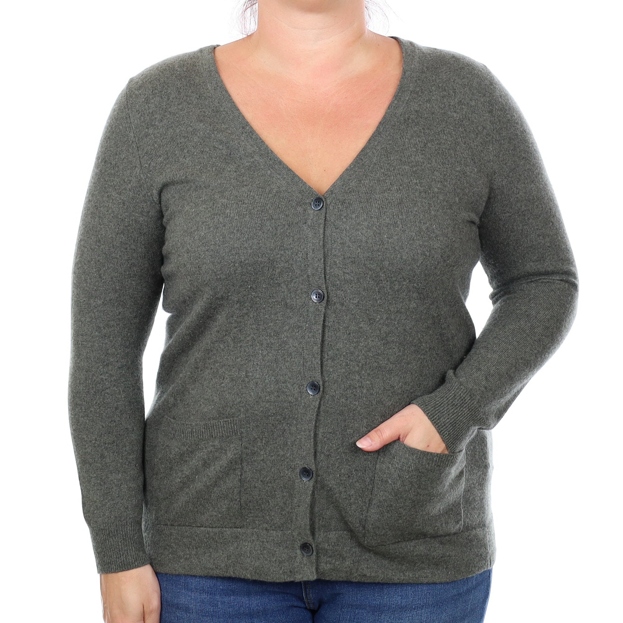 Khaki Green Cashmere V Neck Cardigan with Pockets Large