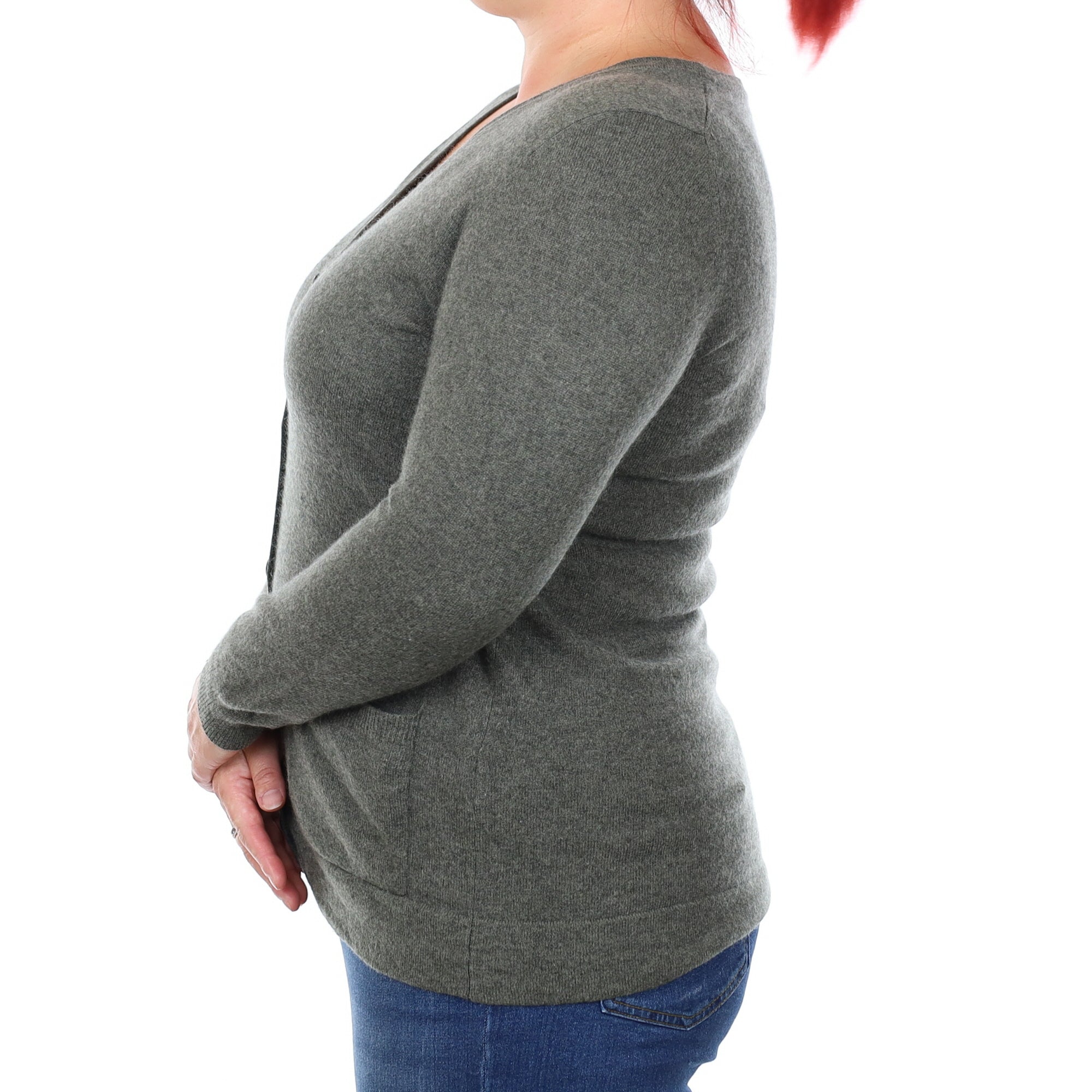Khaki Green Cashmere V Neck Cardigan with Pockets Large