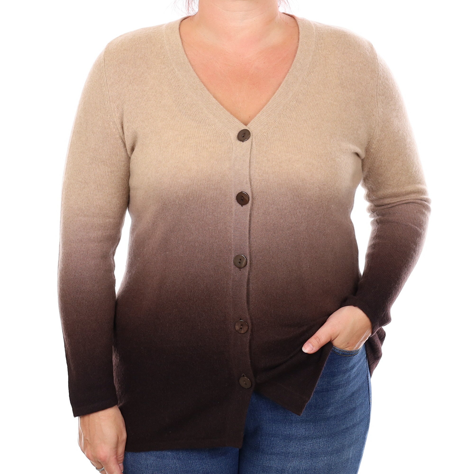 Chocolate and Caramel Ombré Cashmere V Neck Cardigan Large