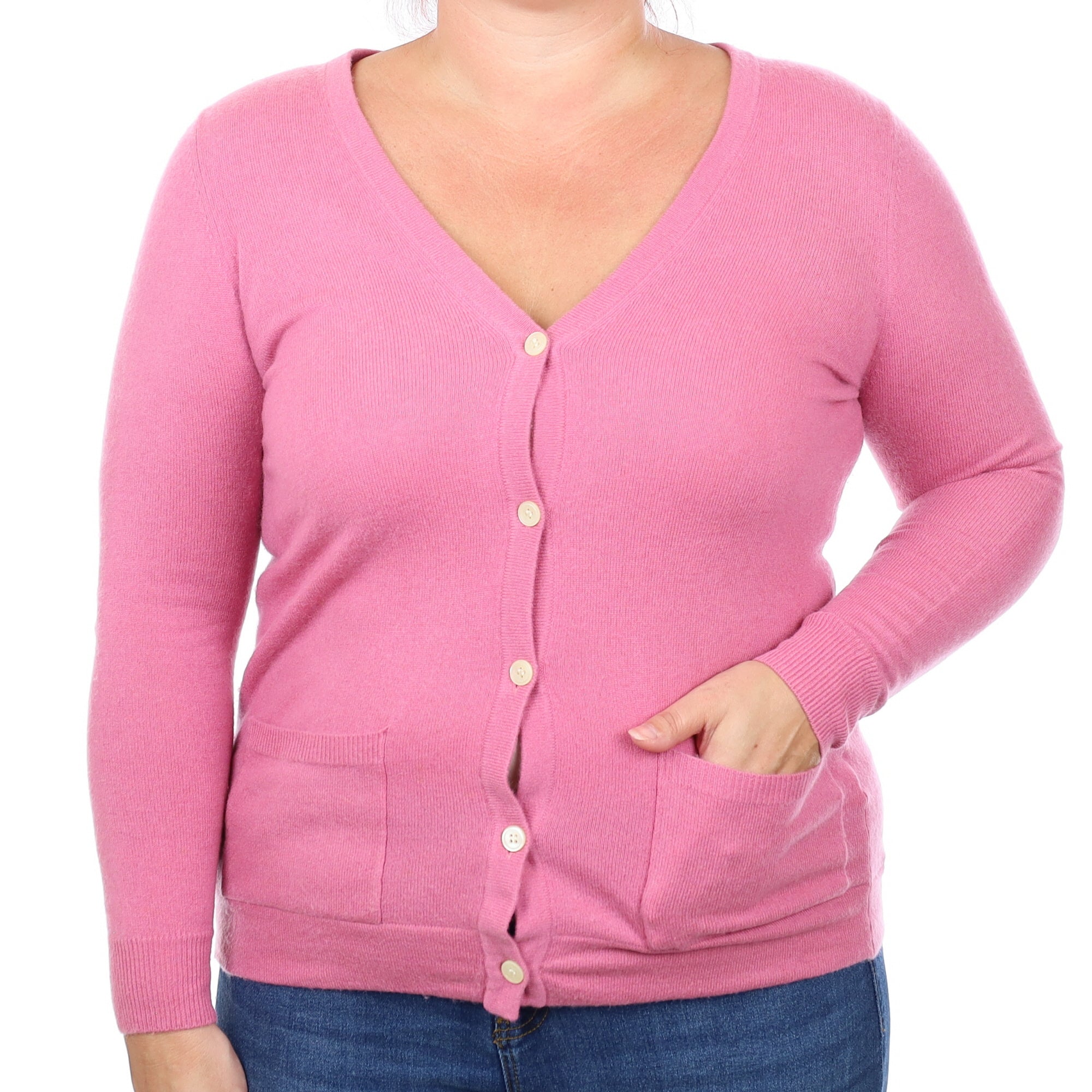 Foxglove Pink Cashmere V Neck Cardigan with Pockets Large